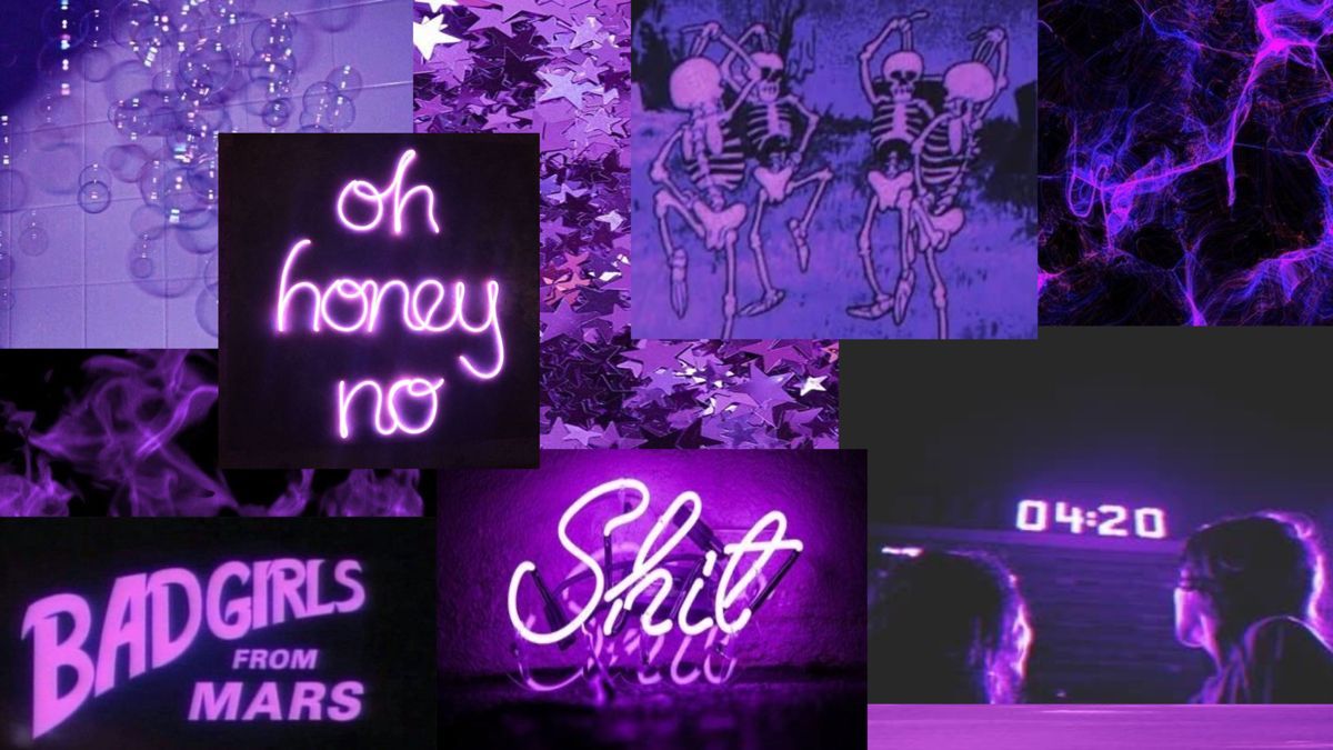 A collage of purple neon signs with the words on honey no - Neon purple