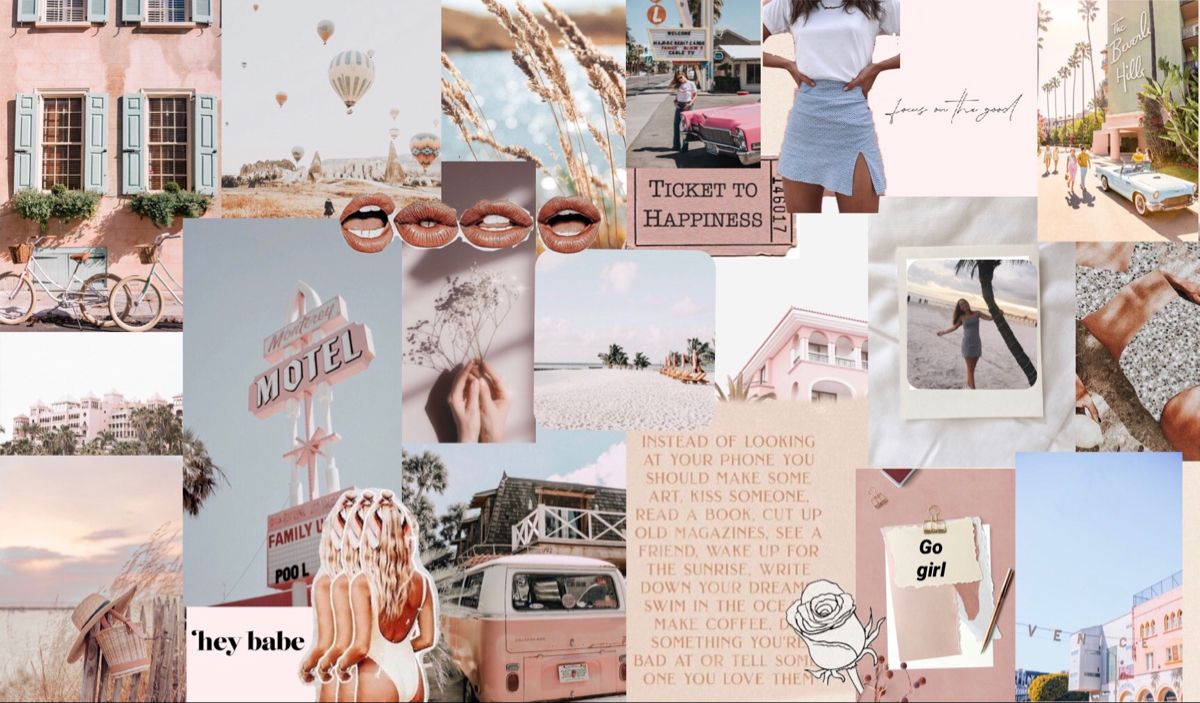 A collage of pictures including a pink bus, a girl in a denim skirt, and a pink hotel sign. - Computer