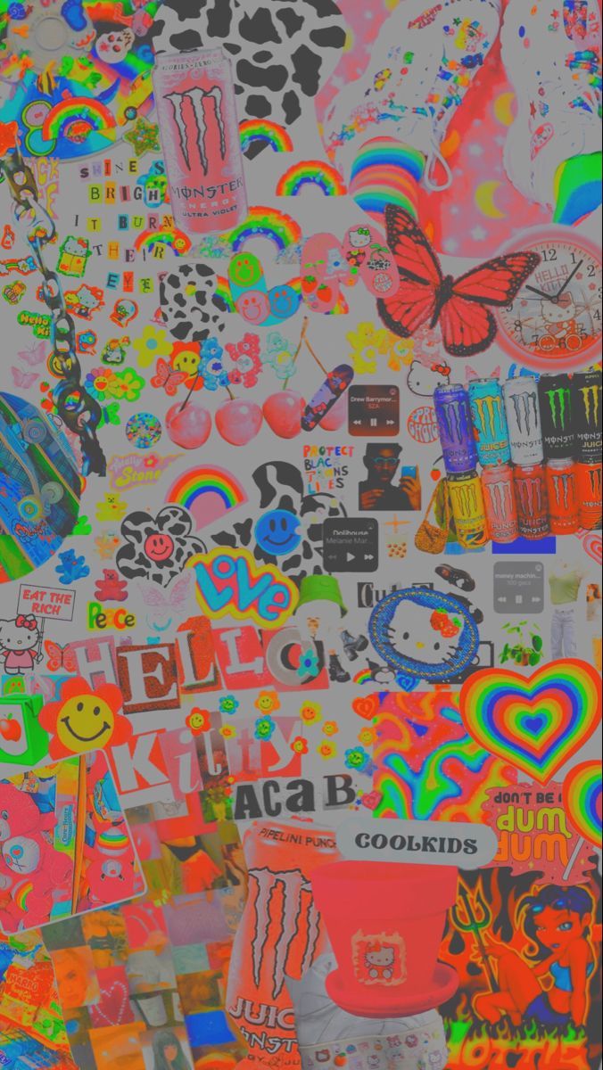 Aesthetic wallpaper, background, stickers, colorful, cute, rainbow, butterfly, clouds, candy, pop art - Indie, kidcore