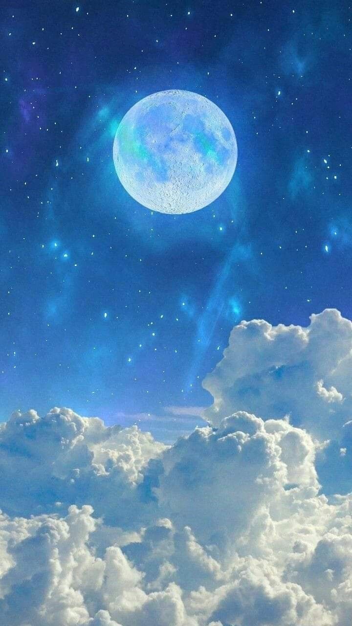 A blue full moon in a starry sky with white clouds - Moon