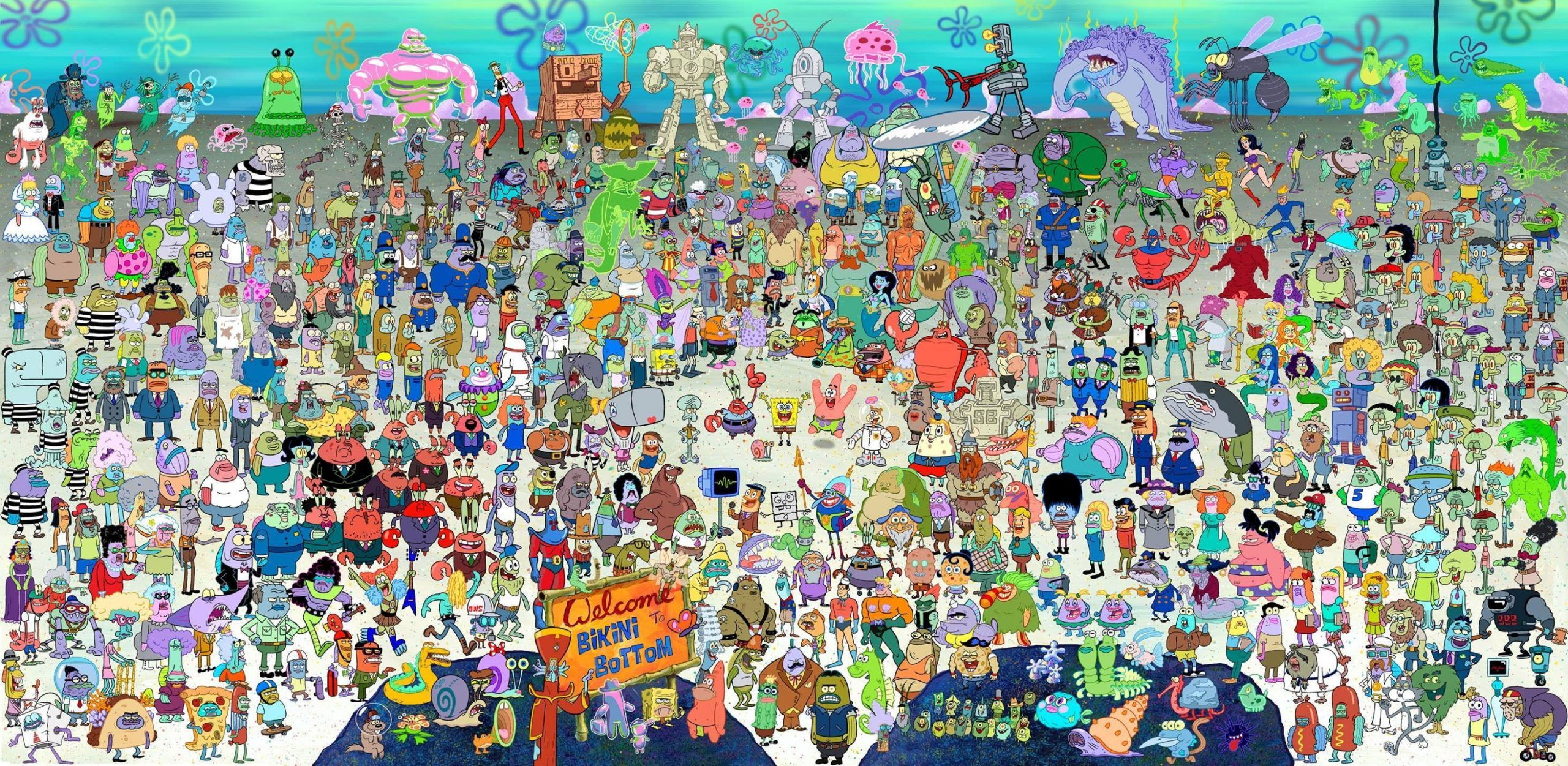 A large group of cartoon characters from various shows, including Spongebob Squarepants, gather together in a crowded beach scene. - SpongeBob