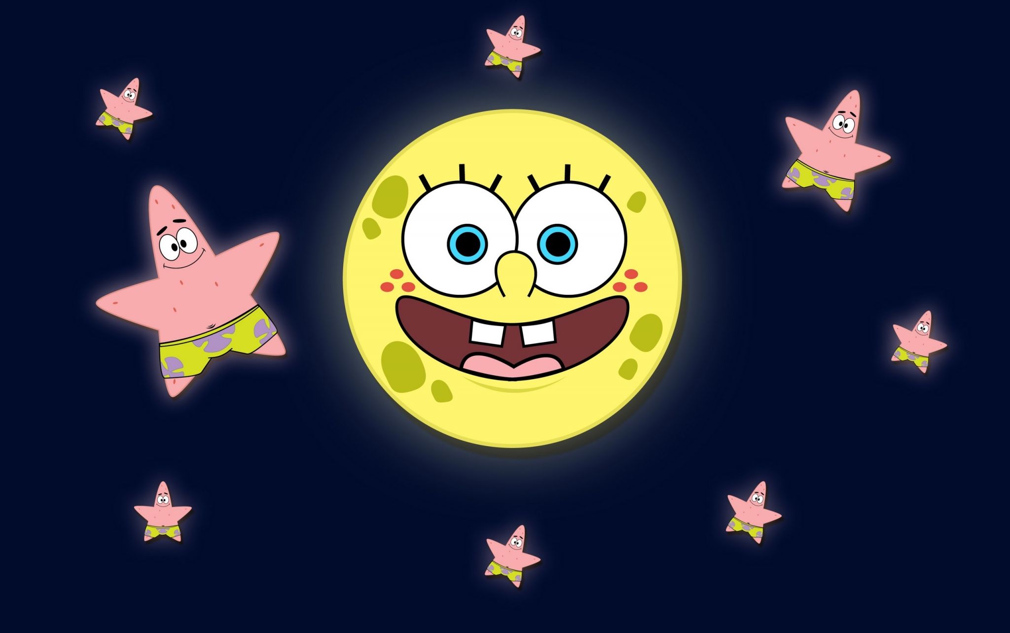 Wallpaper of a smiling moon with stars around it - SpongeBob