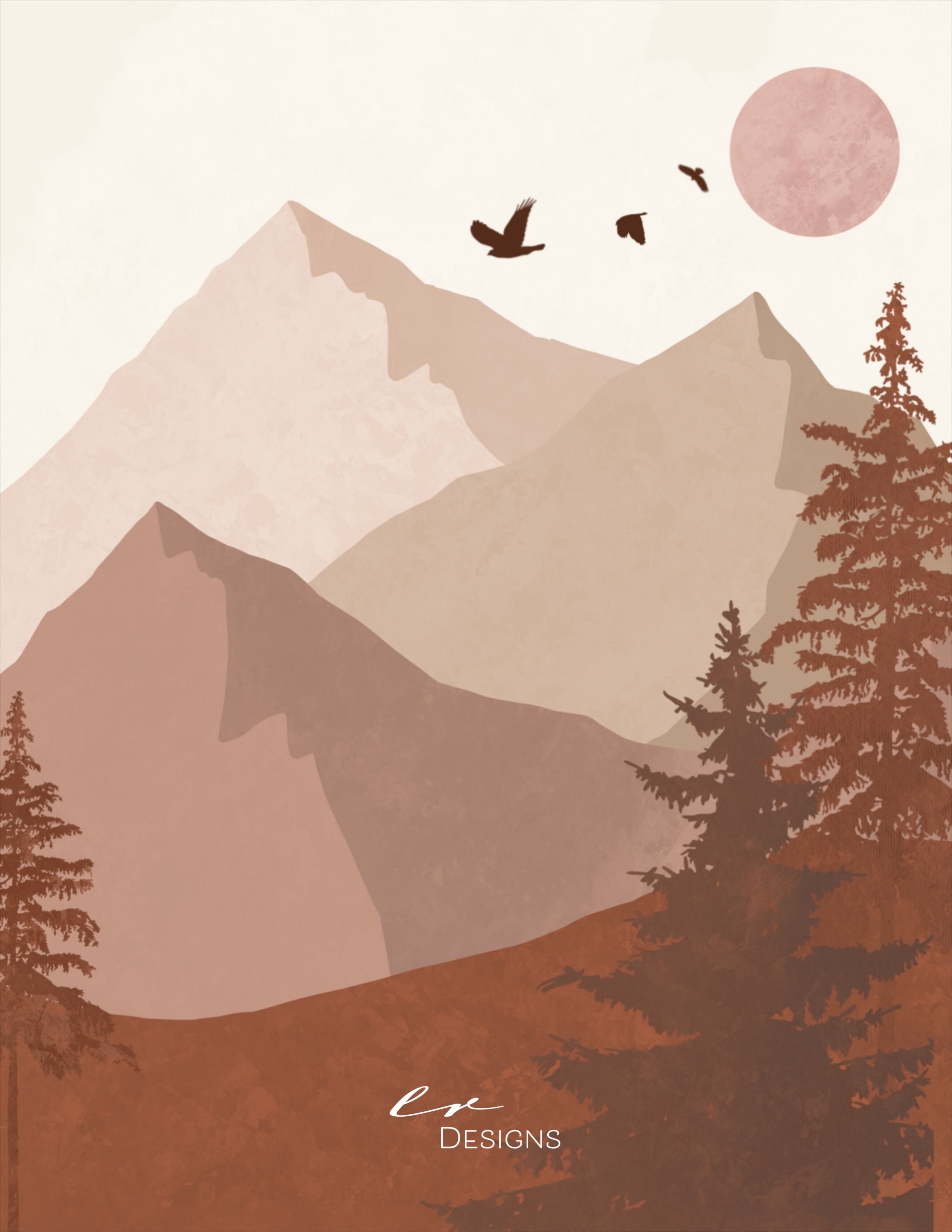 A brown and orange toned landscape illustration with mountains, trees, birds and the moon. - Mountain
