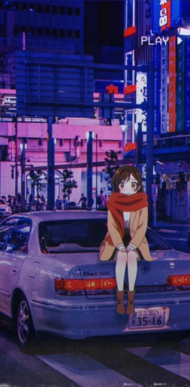 Aesthetic anime girl sitting on a car in the city at night - JDM