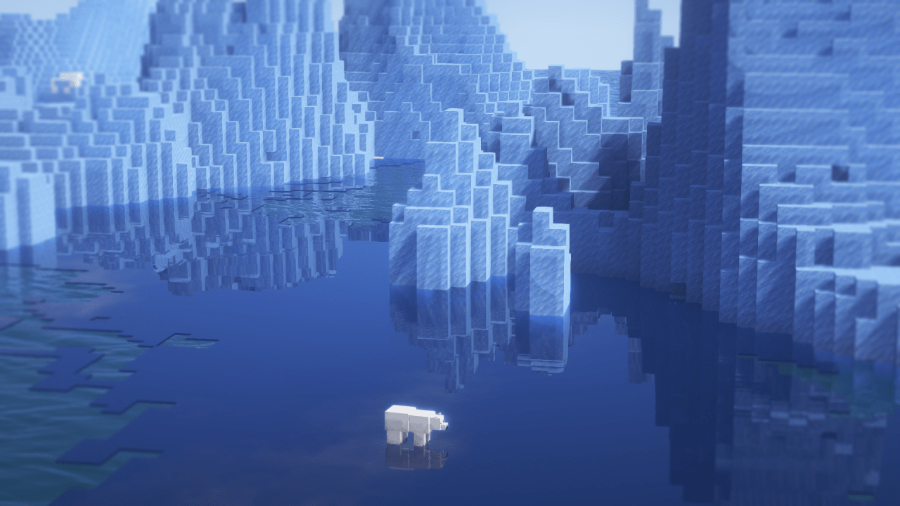 A polar bear stands in the water in a Minecraft world. - Minecraft