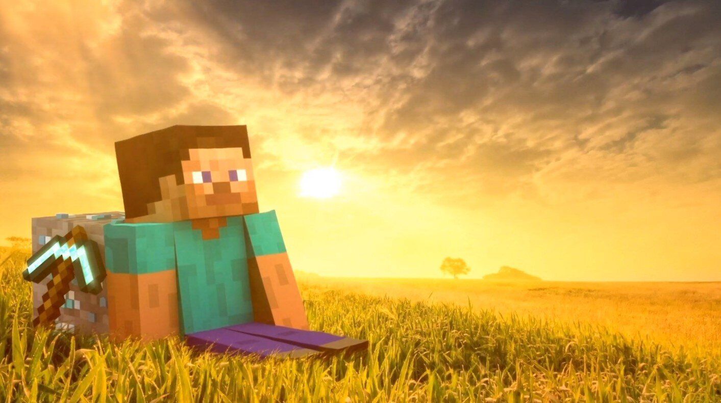 Steve from Minecraft sitting in a field at sunset. - Minecraft