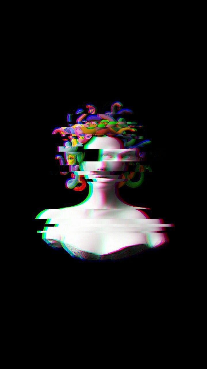 Glitch art of a woman with her hair in a bun and her eyes closed. - Glitch, black glitch, Medusa, trippy, dark