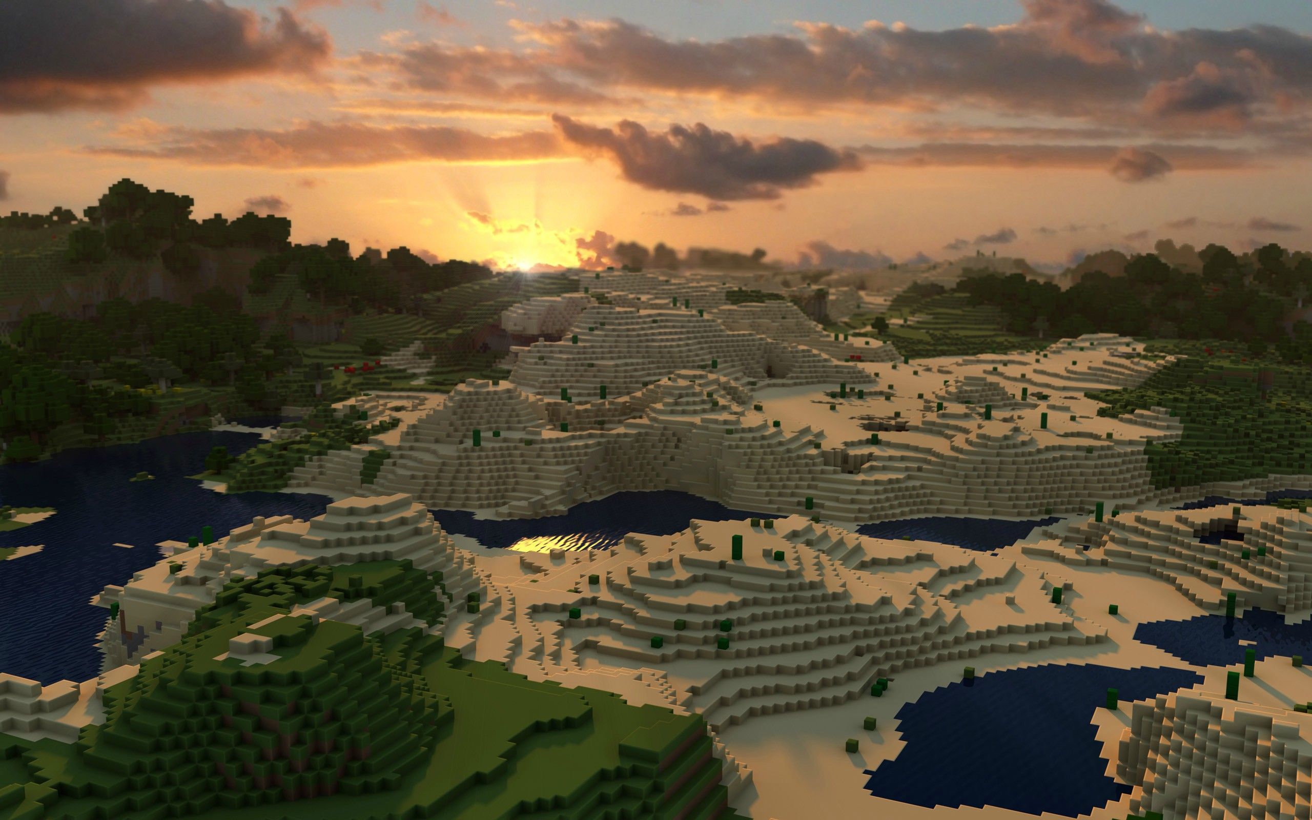 Minecraft wallpaper with a sunset over a mountain range - Minecraft
