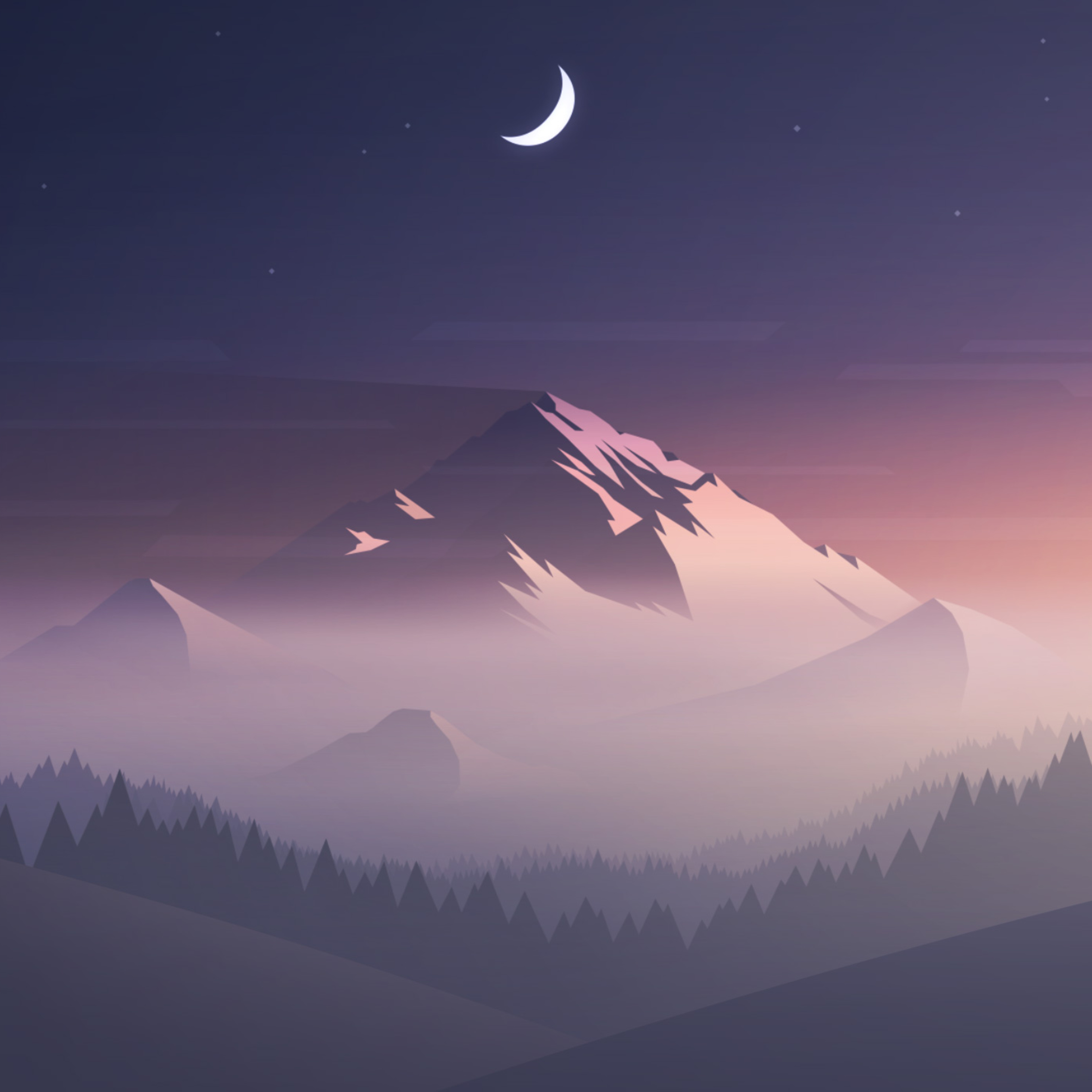 A purple and blue illustration of a mountain range at night - Mountain