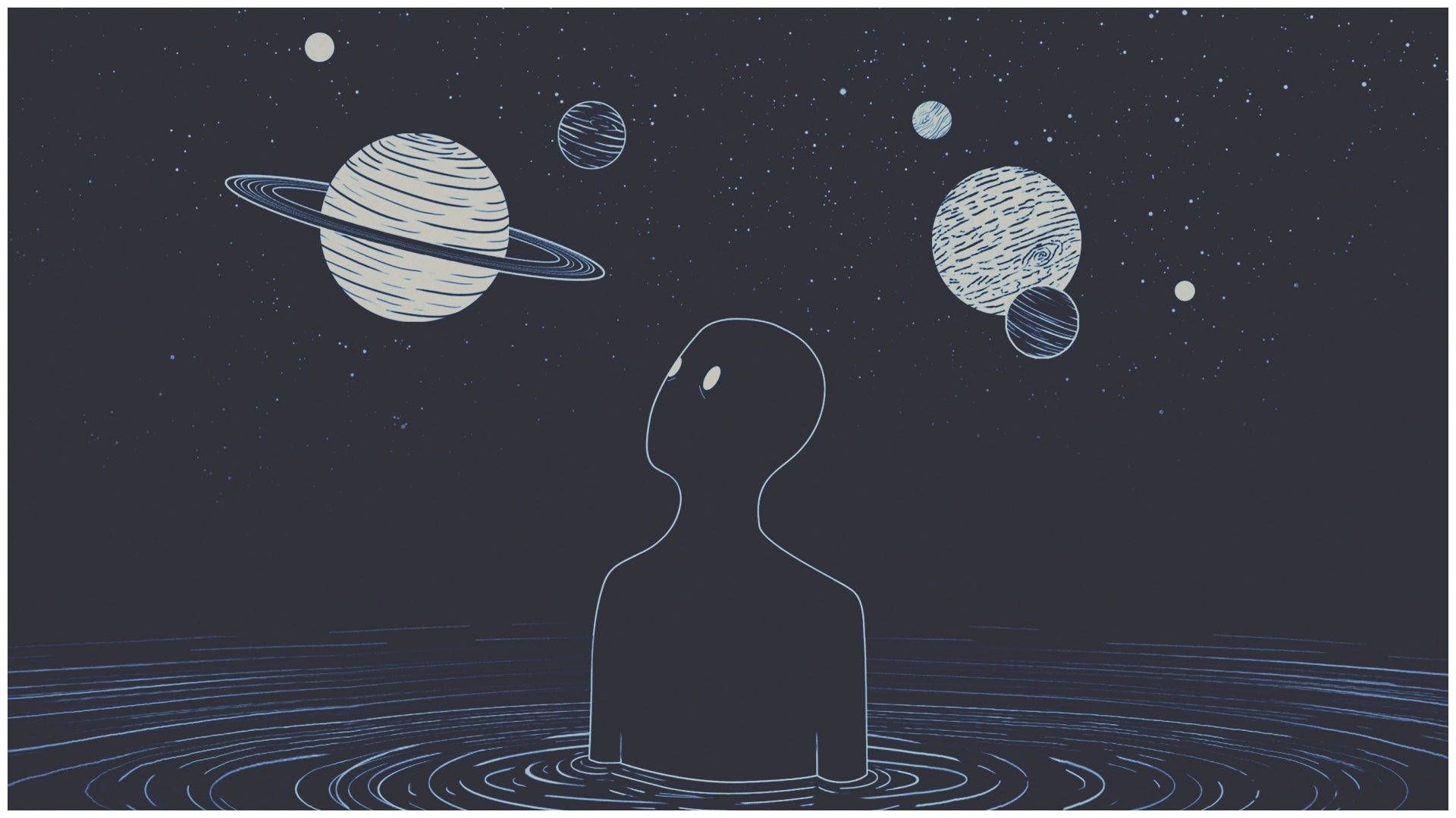 A man is standing in the water with planets around him - Desktop, Chromebook, space