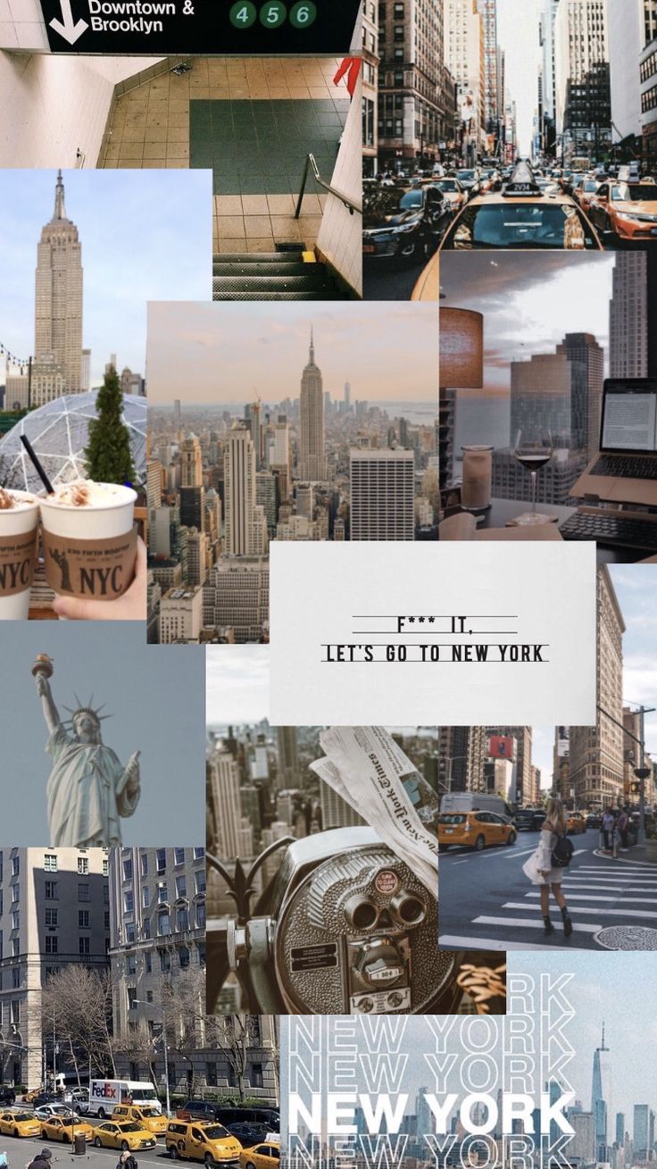 A collage of New York city photos including the Statue of Liberty, taxis, coffee, and the skyline. - New York