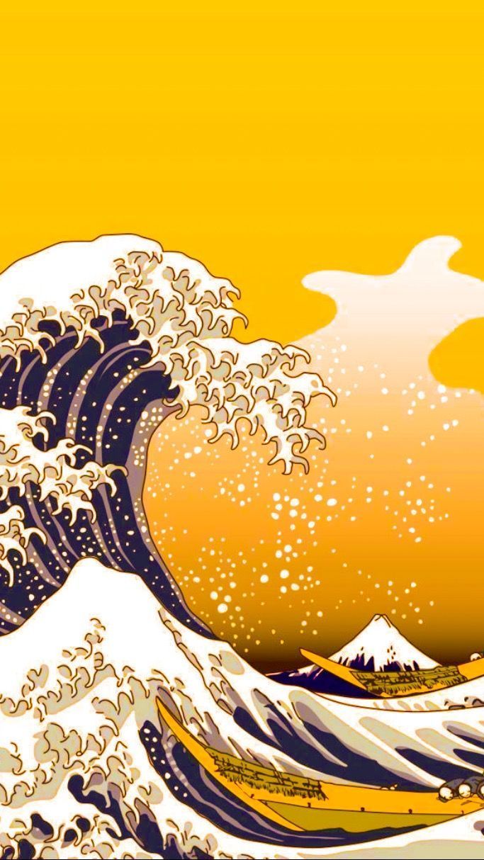 Aesthetic phone backgrounds, yellow background, drawing of a wave - Yellow, wave, The Great Wave off Kanagawa