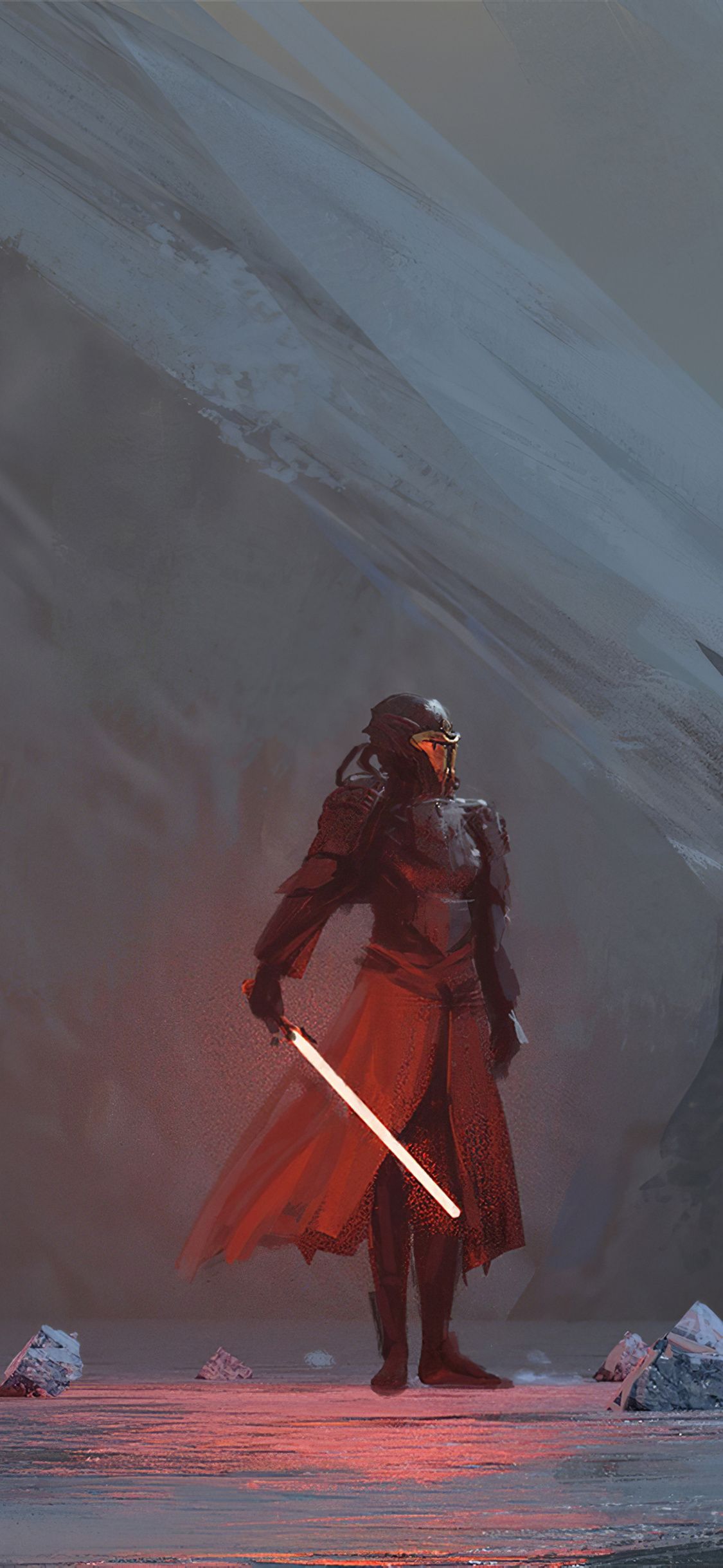 A man with lightsaber standing in the snow - Star Wars