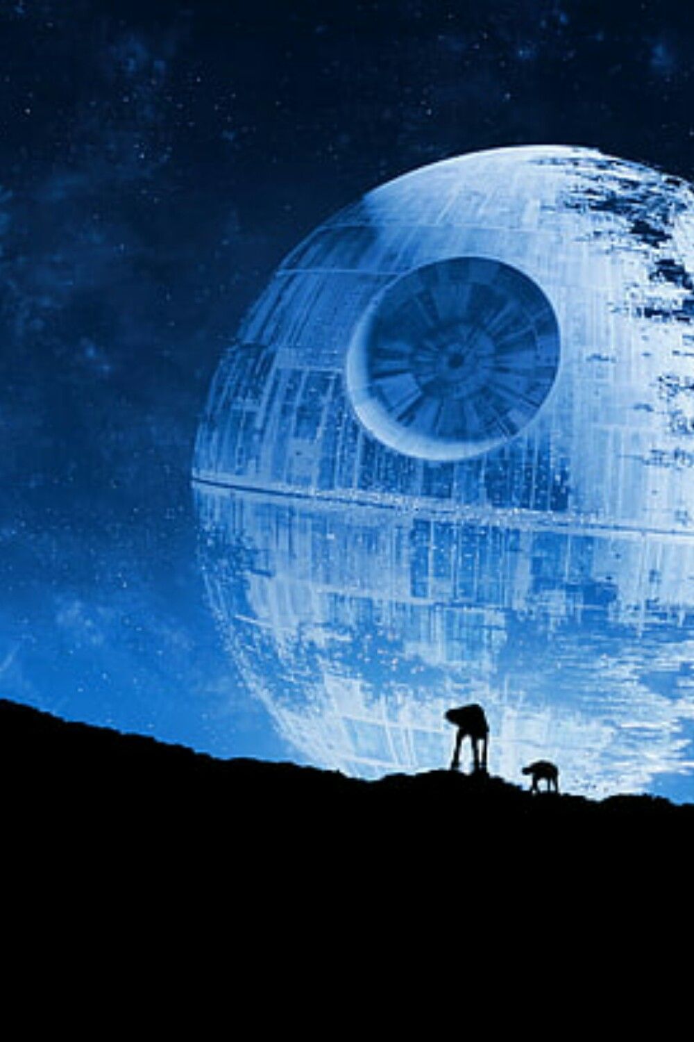 A silhouette of an AT-AT and a droid are seen in front of the Death Star in this iPhone wallpaper. - Star Wars