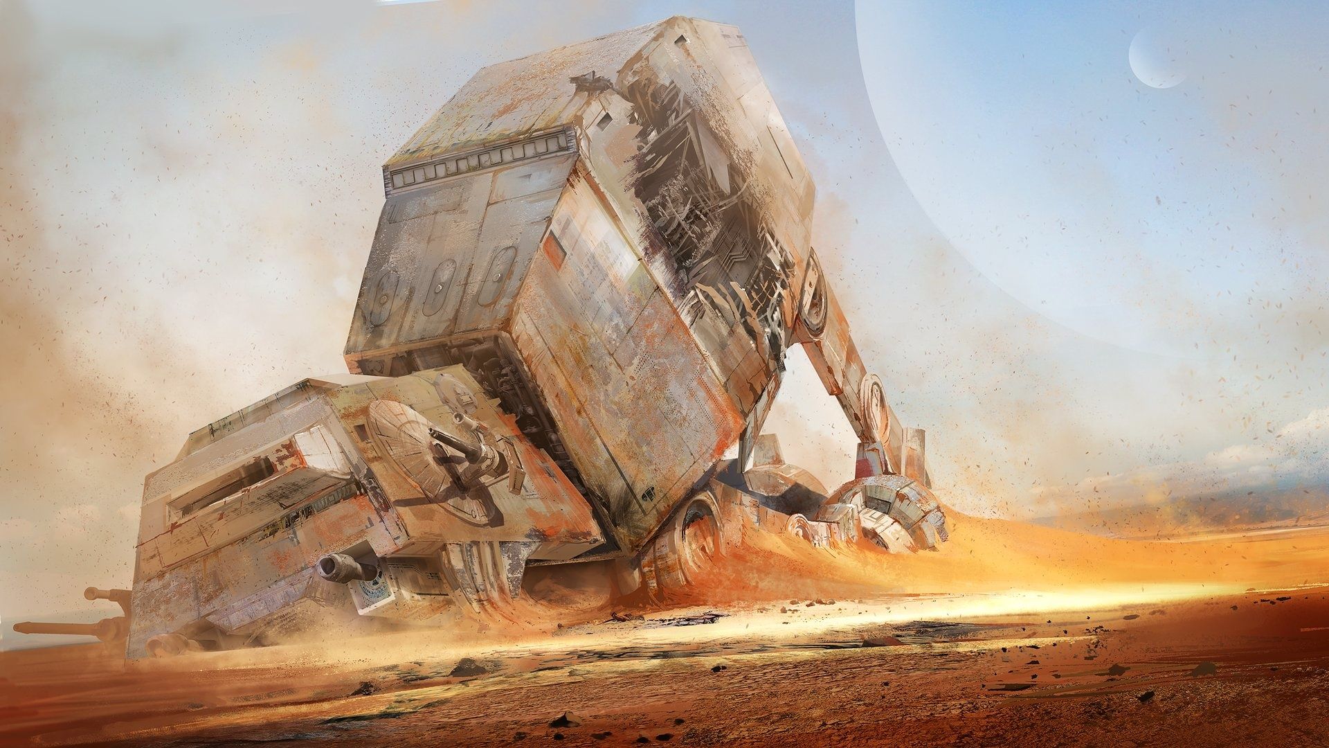 A desert planet with a giant AT-AT walking vehicle from Star Wars being destroyed - Star Wars