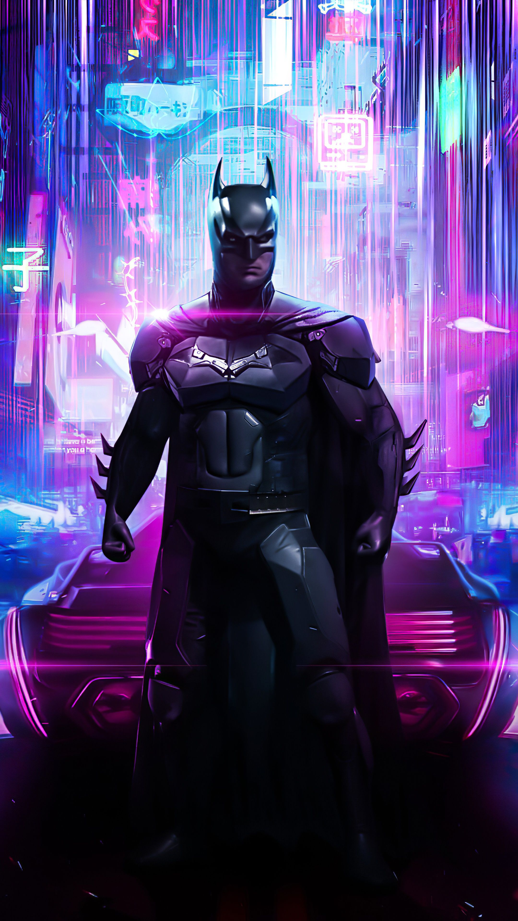 A batman character standing in front of neon lights - Batman