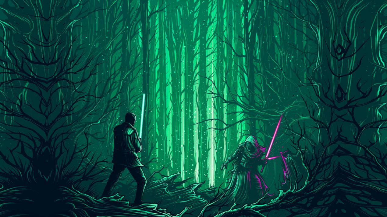 A man and woman stand in the forest with green lights - Star Wars