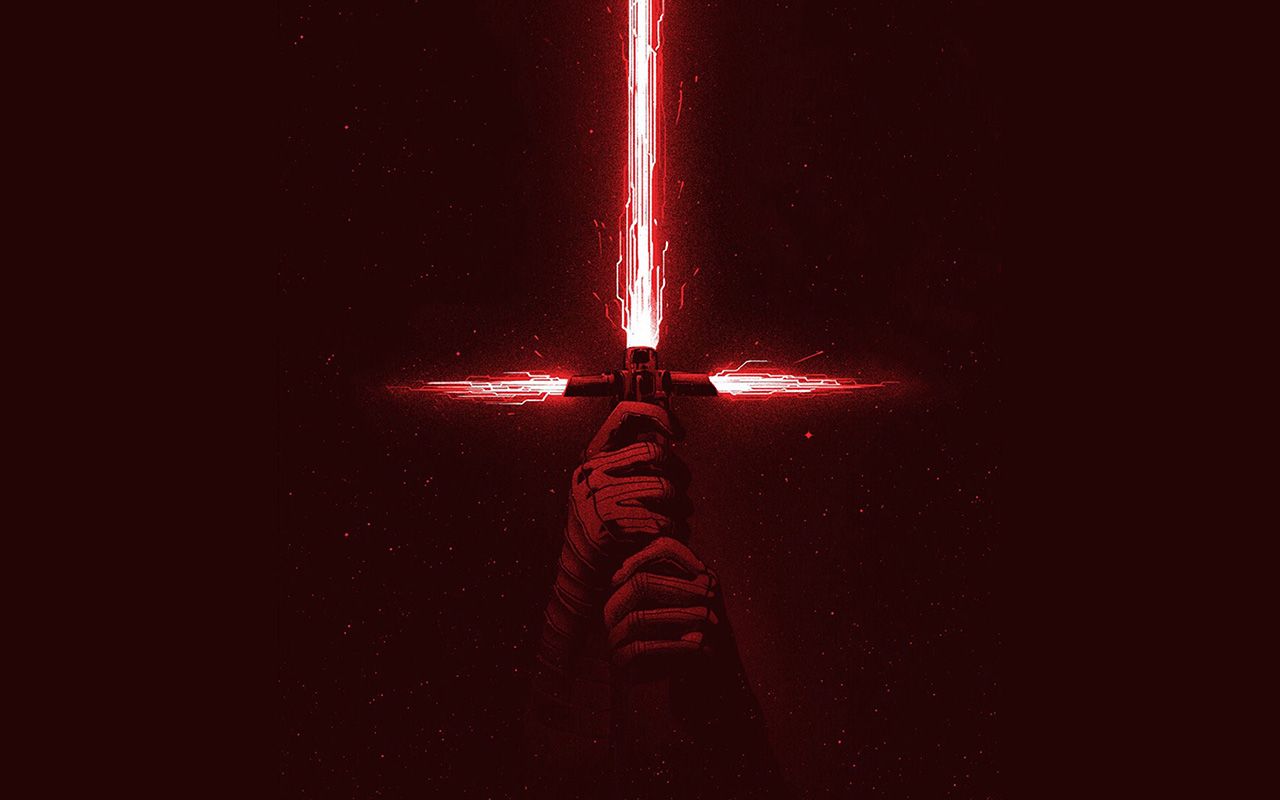 A red light saber with the words star wars on it - Star Wars