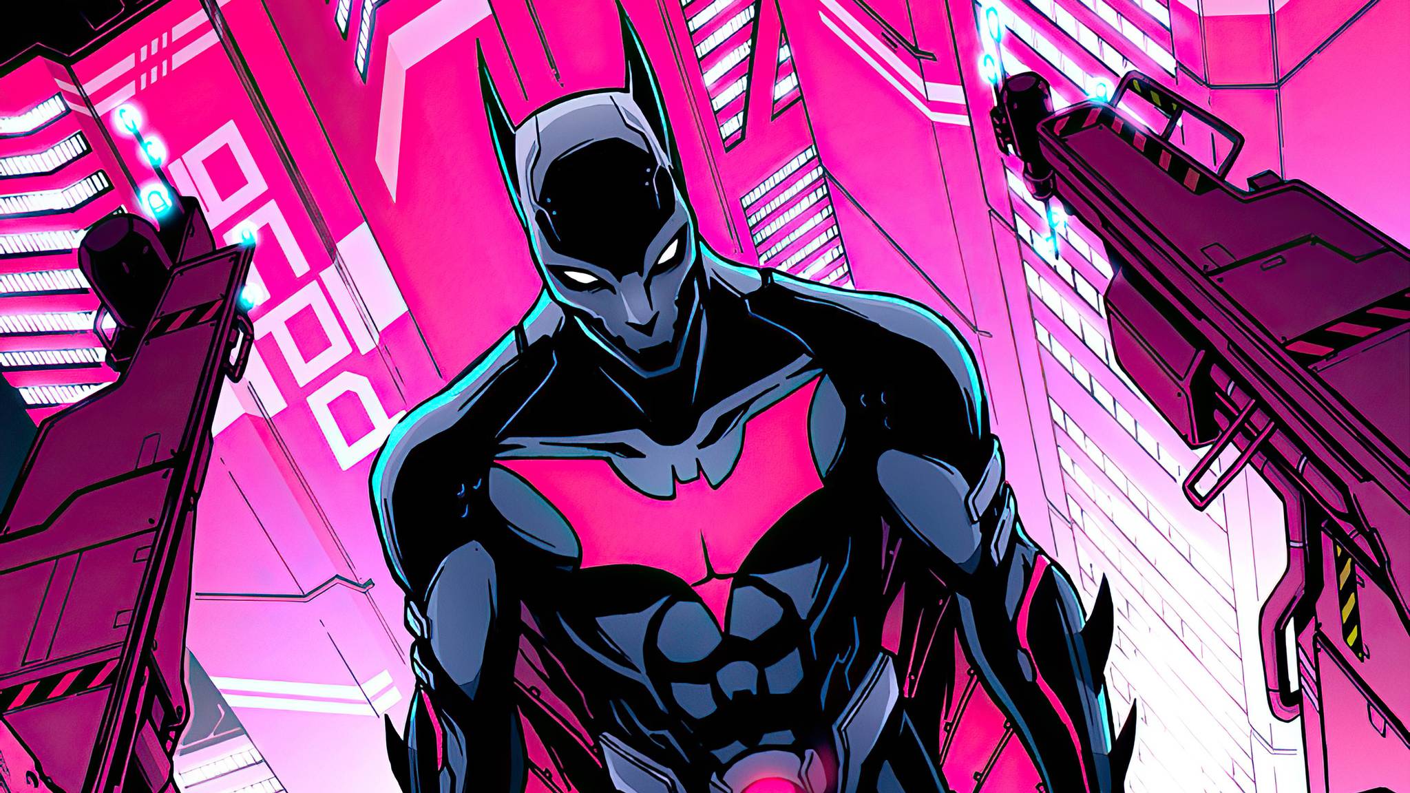 Batman Beyond stands in a neon pink city, looking off to the left. - Batman