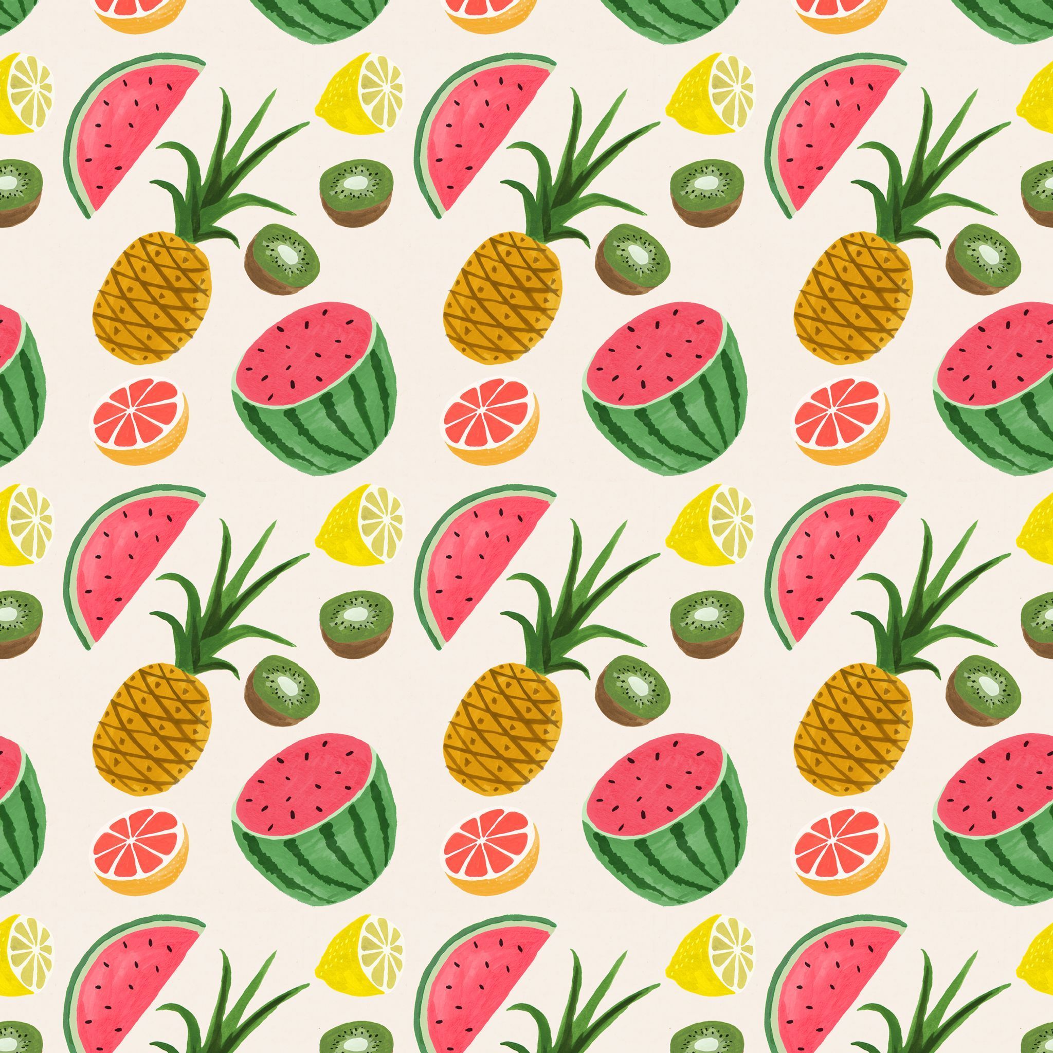 A repeating pattern of watermelon, pineapple, kiwi, and grapefruit. - Fruit