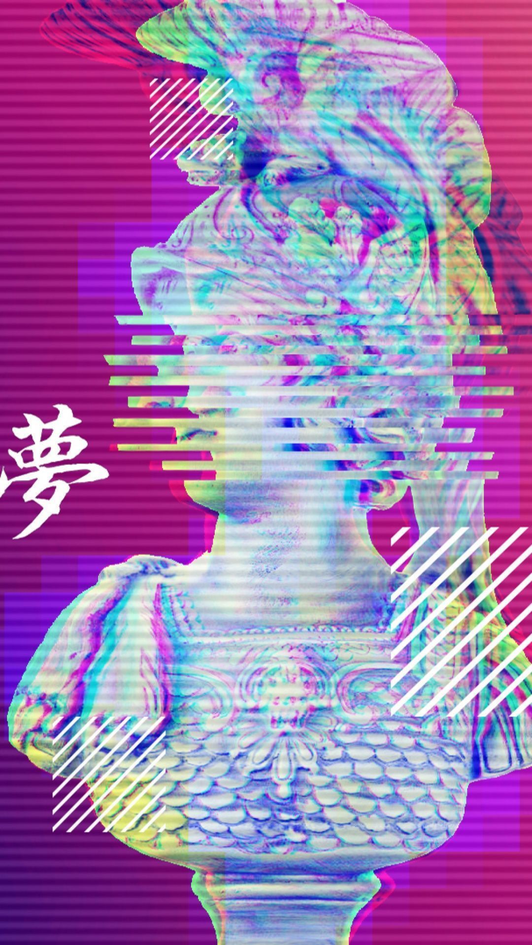 Glitch art wallpaper of a bust of a Chinese deity - Vaporwave, dark vaporwave, VHS