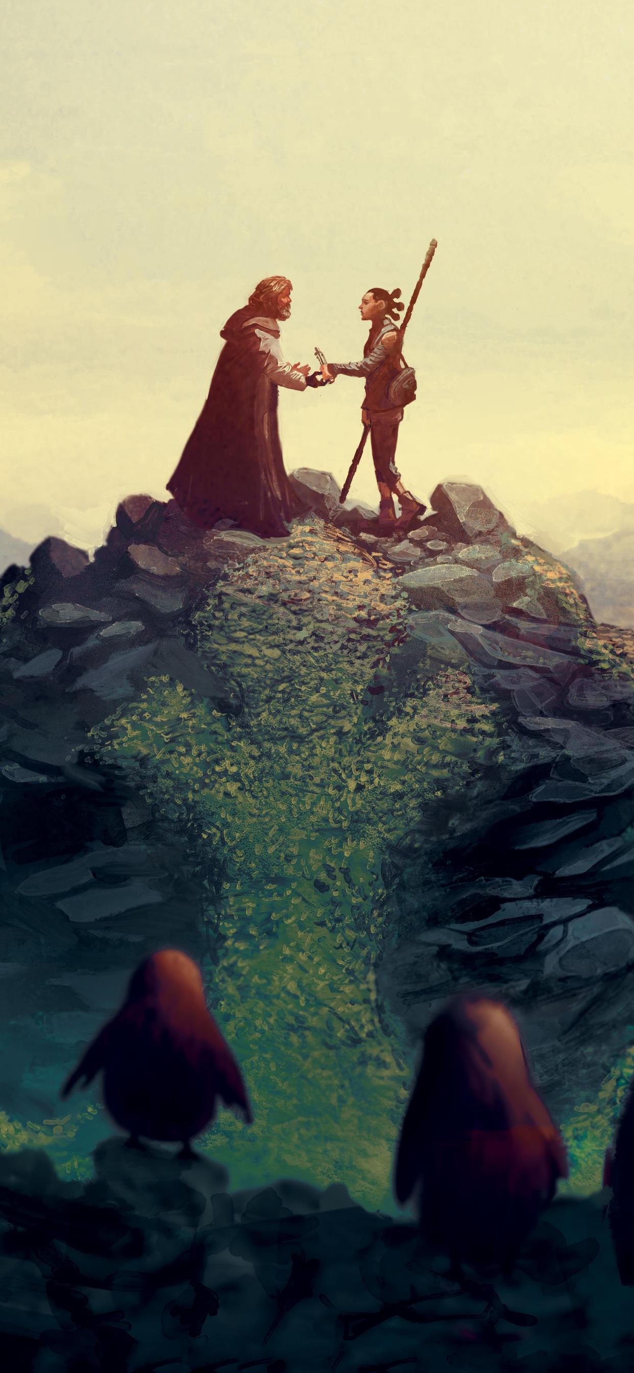 Two characters on a cliff, one holding a staff, facing each other. - Star Wars