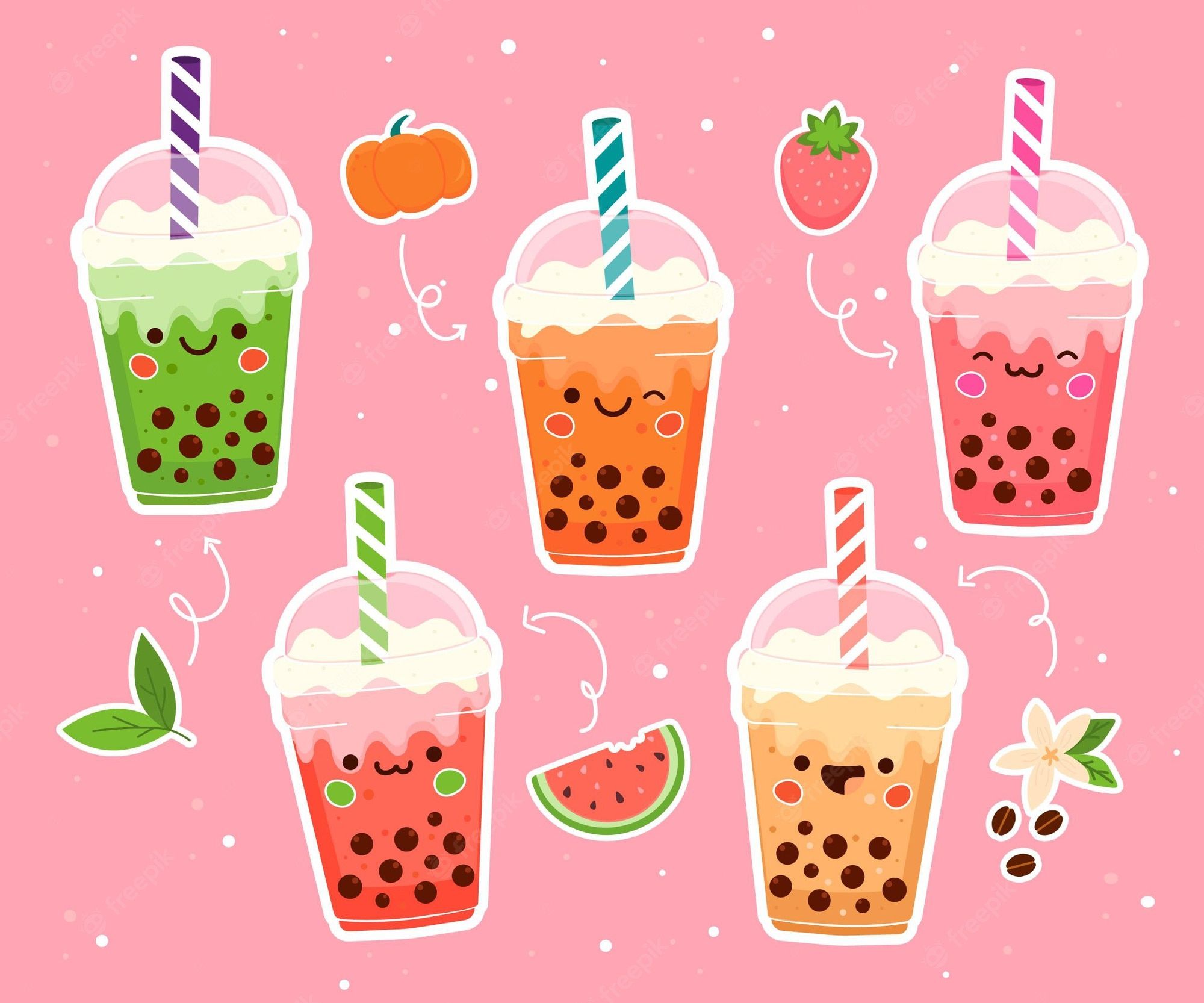 A cute illustration of bubble tea with different flavors - Boba
