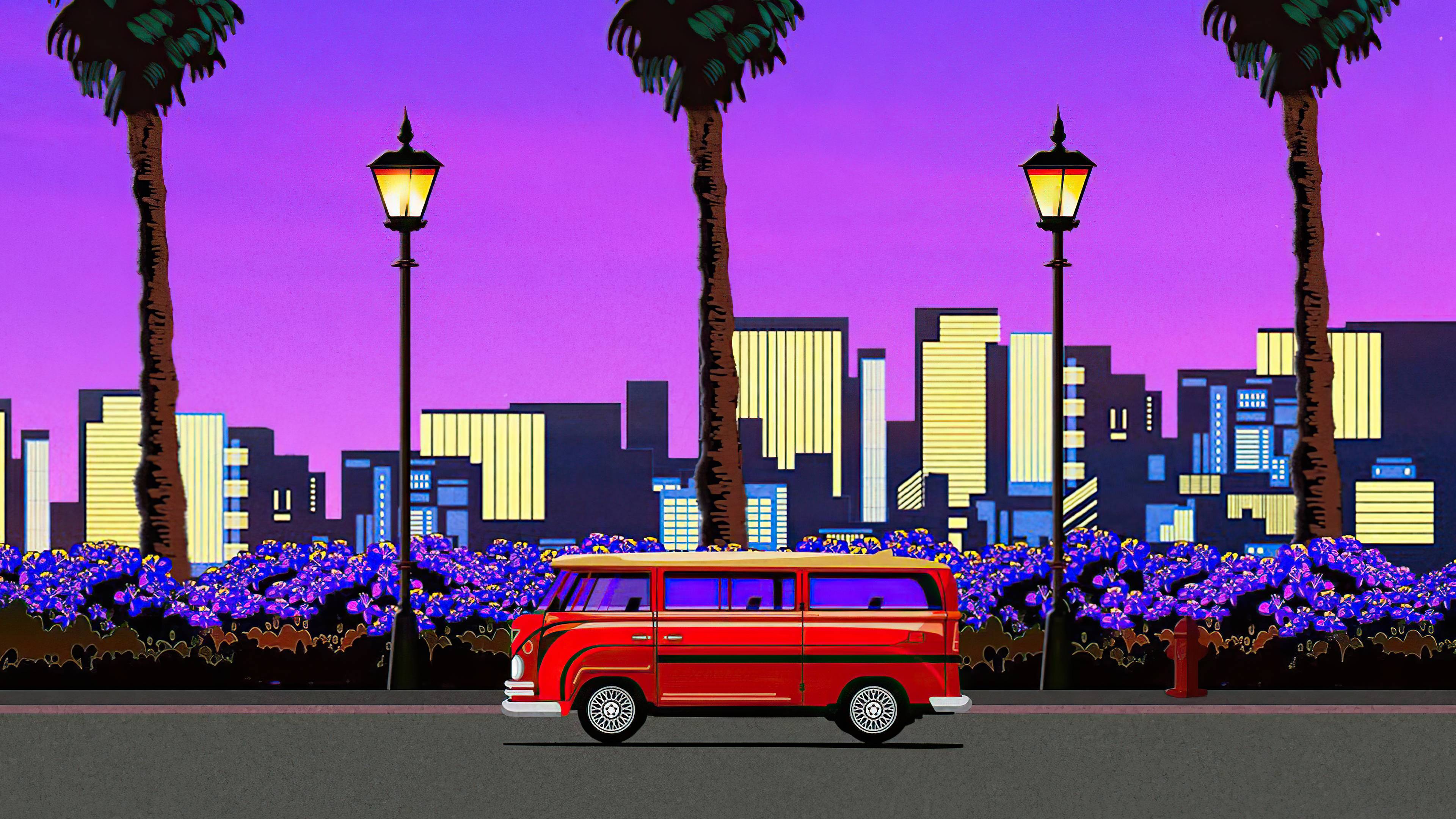 A van is parked in front of some trees - Chromebook, vaporwave, Las Vegas, 3840x2160, sky, HD