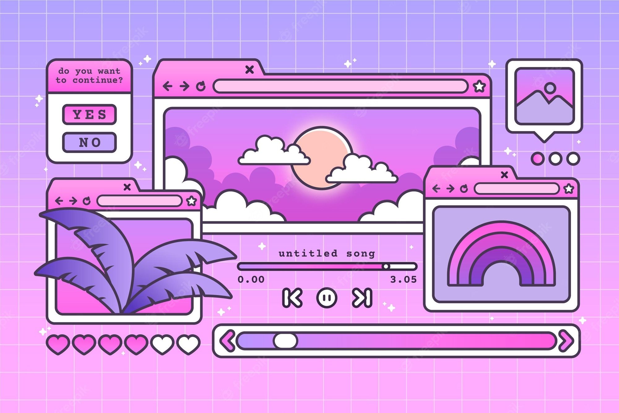 A set of pink and purple icons on the screen - Vaporwave, technology