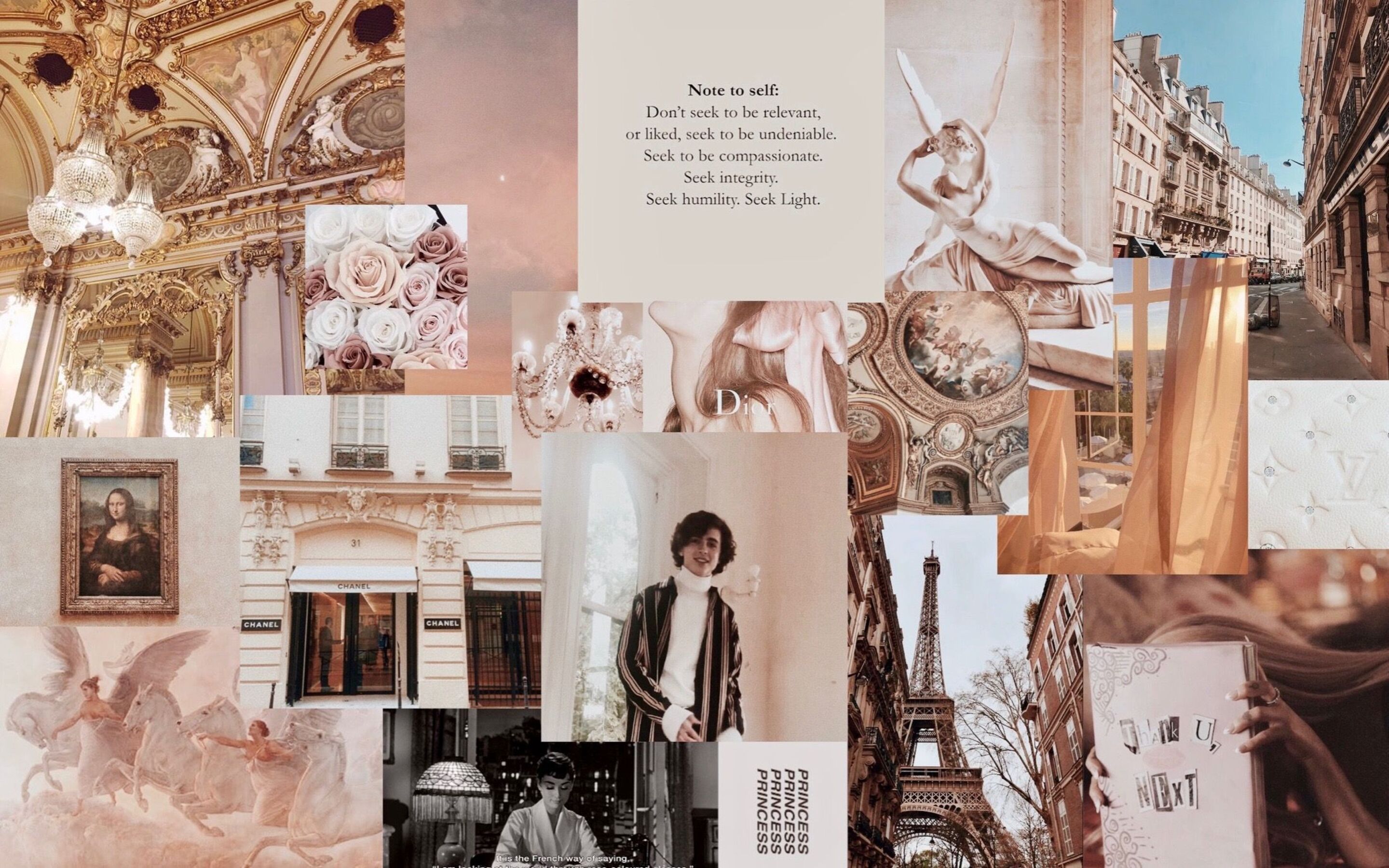 A collage of pictures including; a ceiling, a statue, a model, a painting, a book, a vase of flowers, a chandelier, a woman, a building, a statue of liberty and a book. - Fashion, collage, MacBook, retro, Paris, Chanel