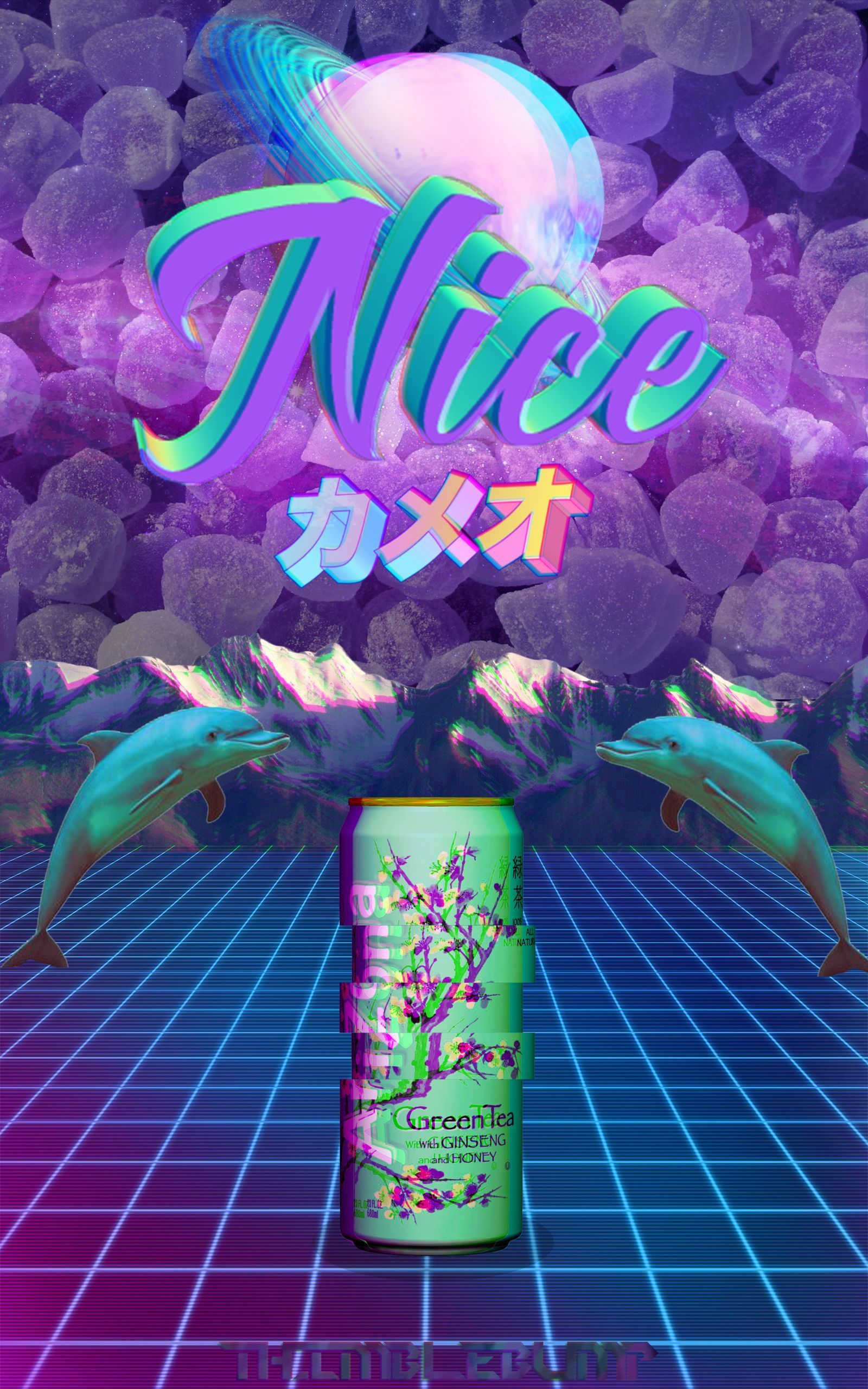 A nice poster of a can of Arizona Green Tea with dolphins and purple rocks in the background - Vaporwave, glitch
