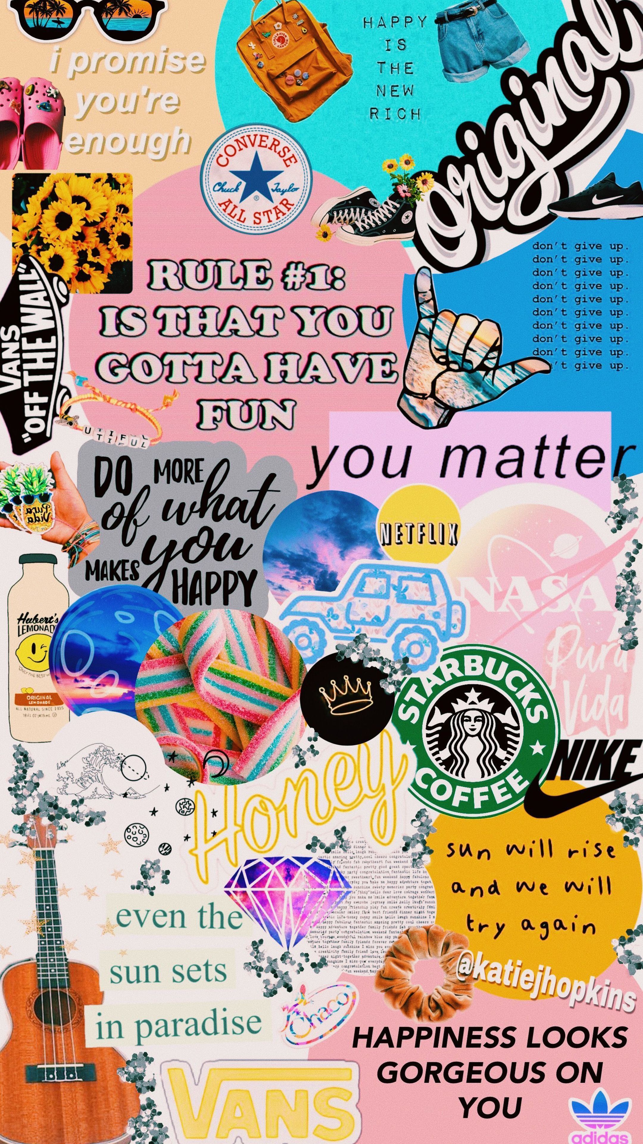 Collage of various images, words, and logos including a guitar, Starbucks, and Adidas. - VSCO, guitar, positivity