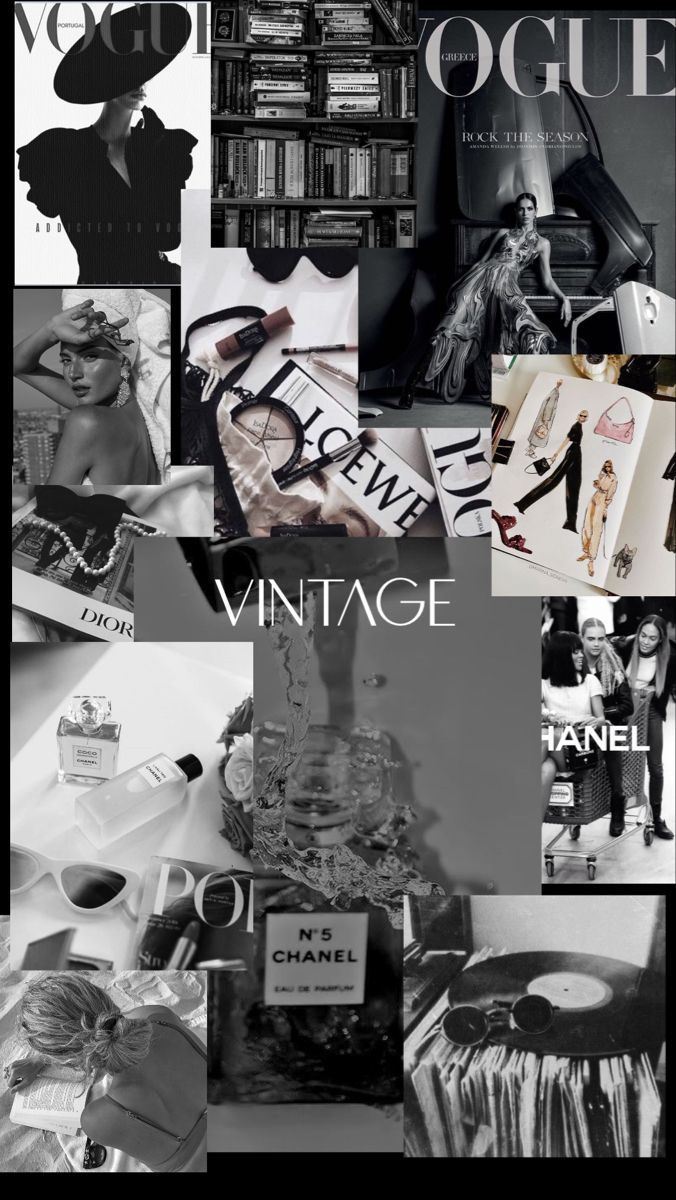 A collage of vintage Chanel items, including perfumes, books, and magazines. - Fashion