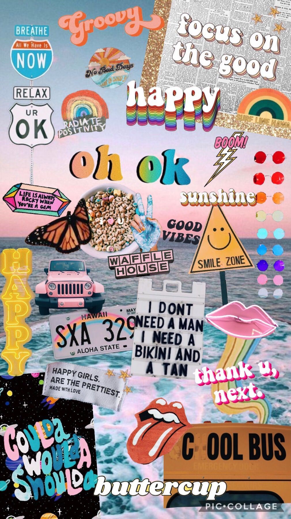 A collage of stickers and words such as 