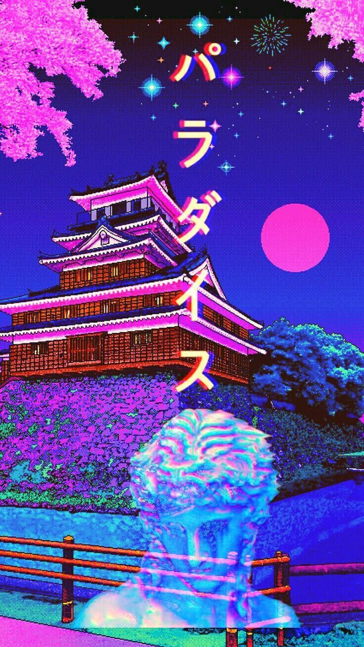 Aesthetic Japanese wallpaper with a neon castle and cherry blossoms - Vaporwave, Japan