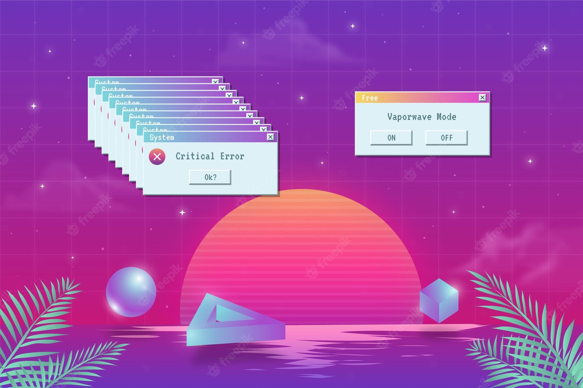 Vaporwave mode on a purple and pink gradient background with palm trees - Vaporwave