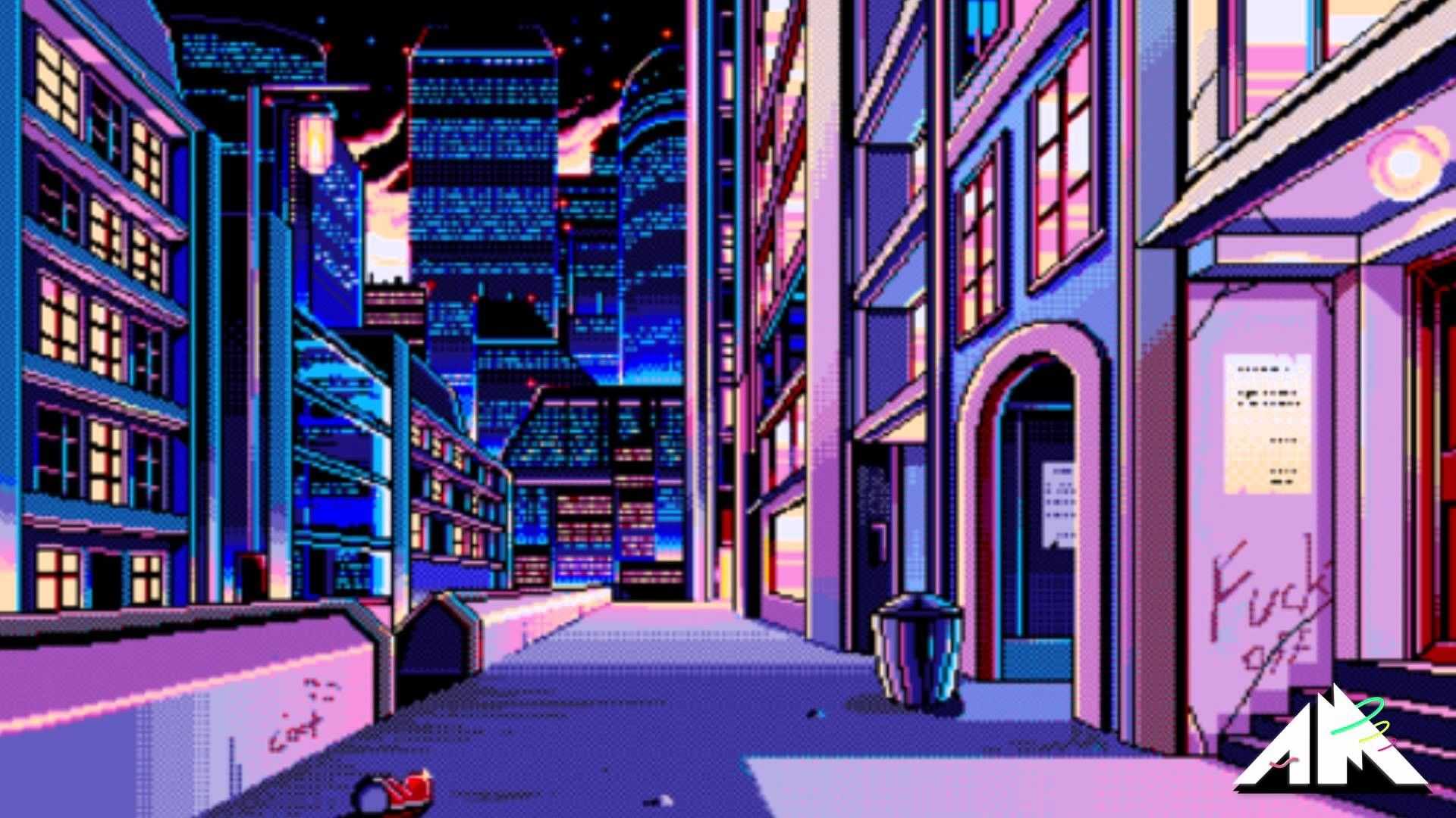 A pixel art image of a street at night with a car and a person walking - 1920x1080, vaporwave, pixel art, anime, architecture