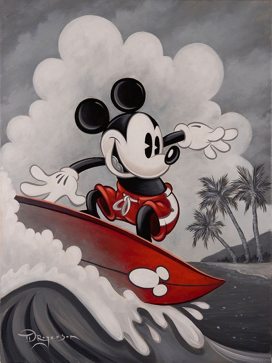 Mickey Mouse is surfing on a red surfboard. - Mickey Mouse