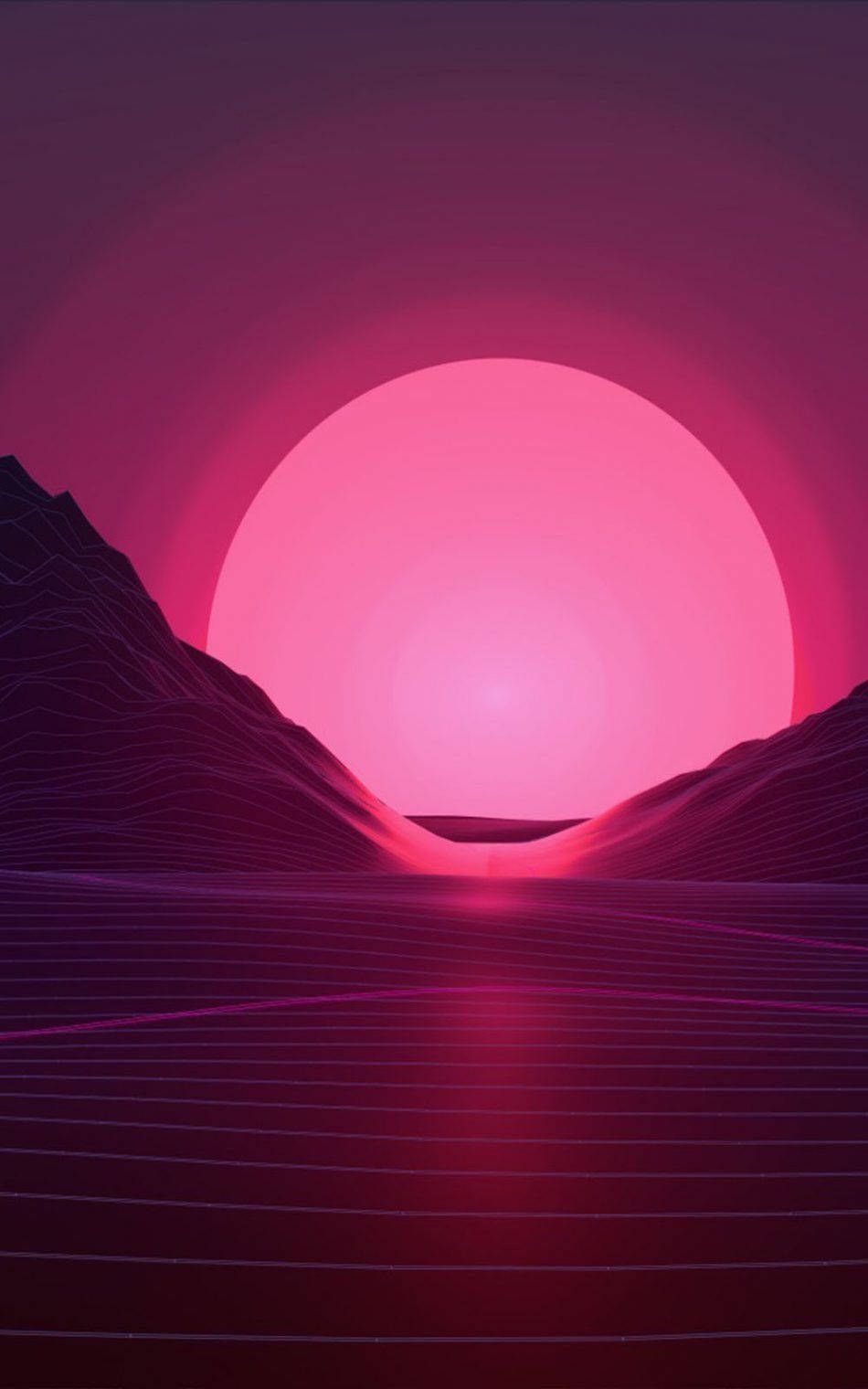 A pink sun setting over a pink mountain range - Vaporwave
