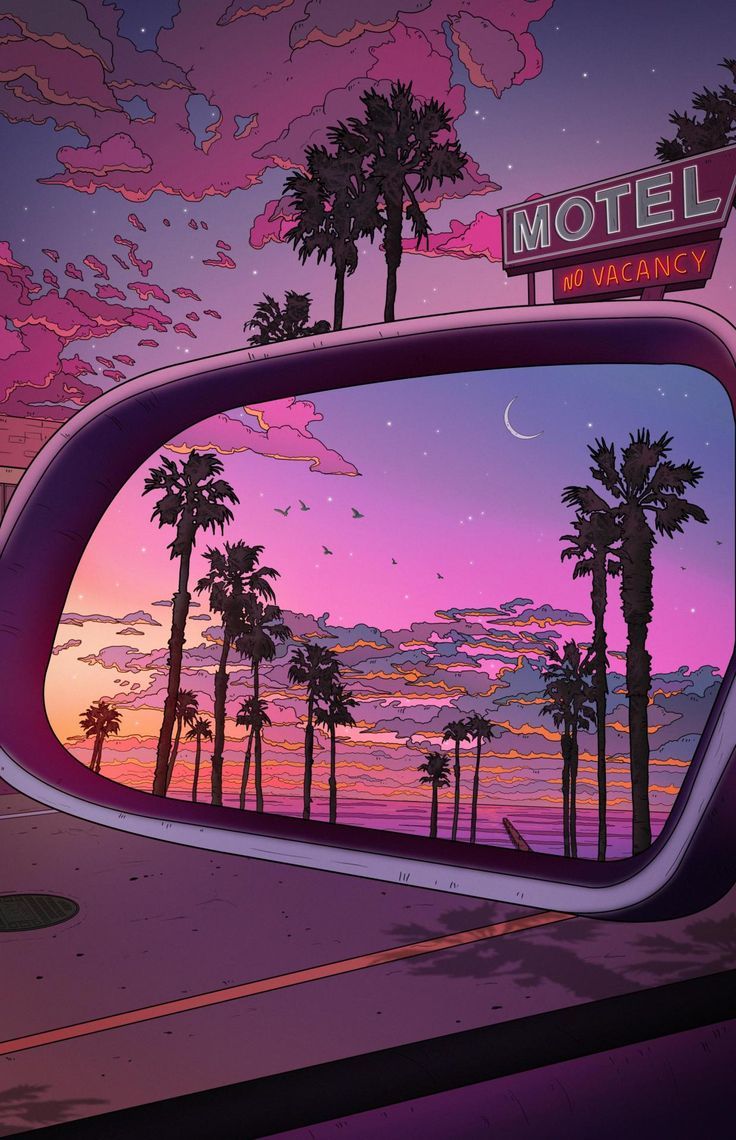 A car mirror reflects the sunset and palm trees - Vaporwave