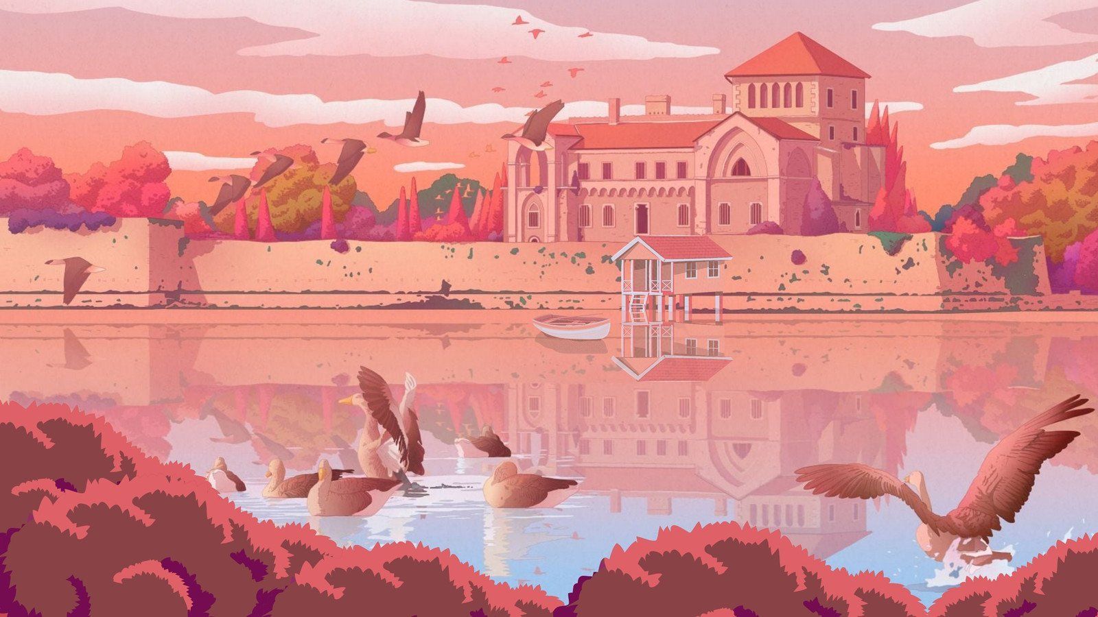 A painting of an old castle on the water - Desktop, pink, anime landscape, pixel art, Windows 10, art, pink anime, anime city, anime, illustration, lake