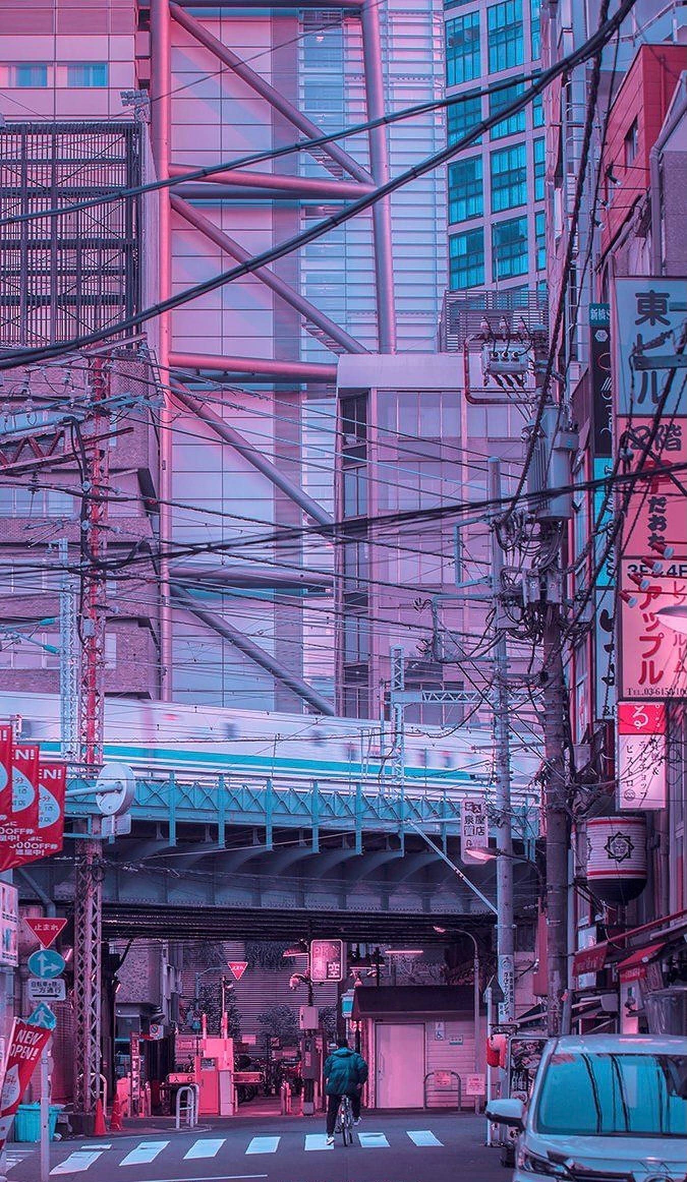 Aesthetic cyberpunk cityscape with neon lights, a train, and a person on a bicycle. - Tokyo