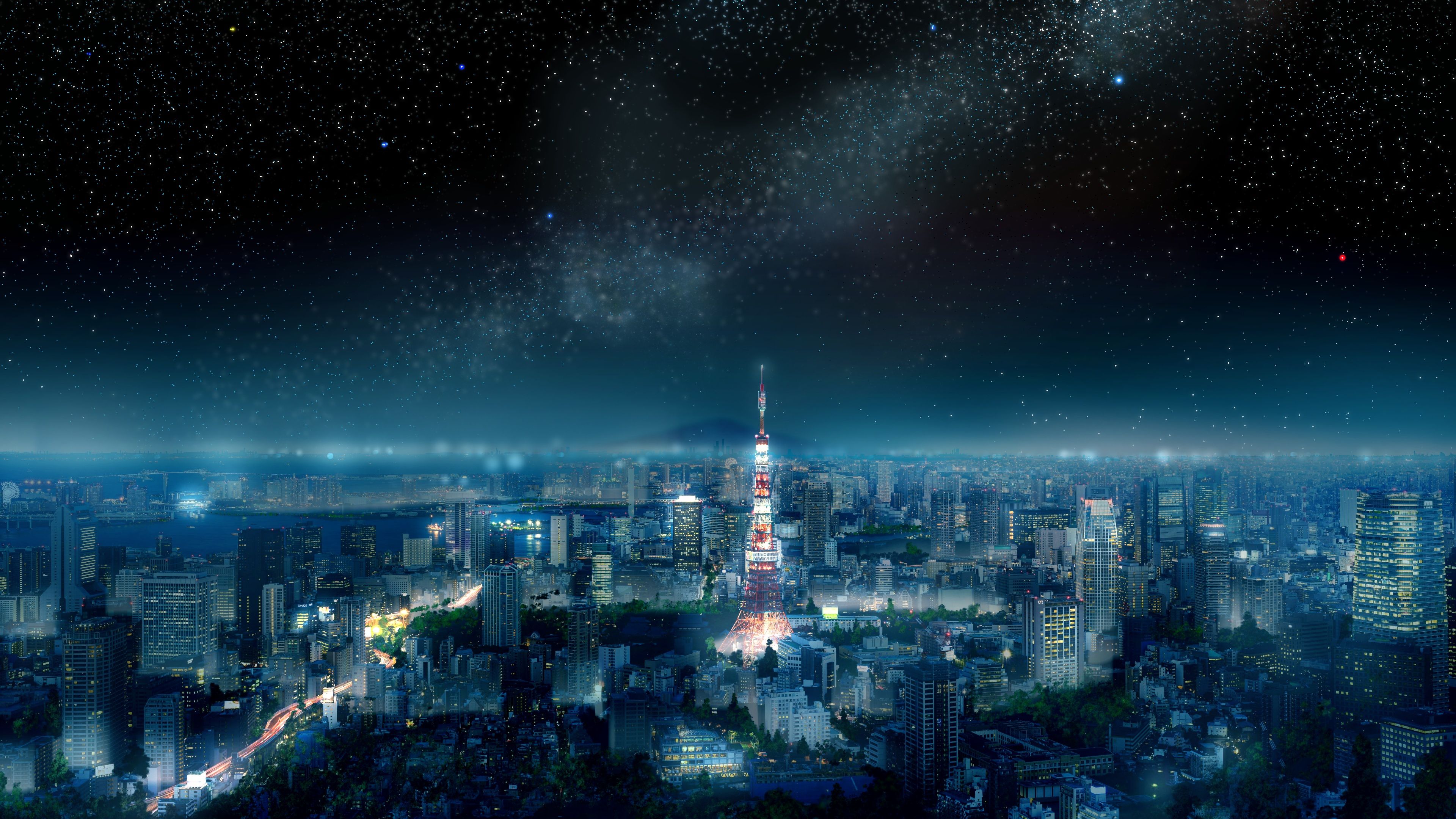 A city at night with stars in the sky - Tokyo
