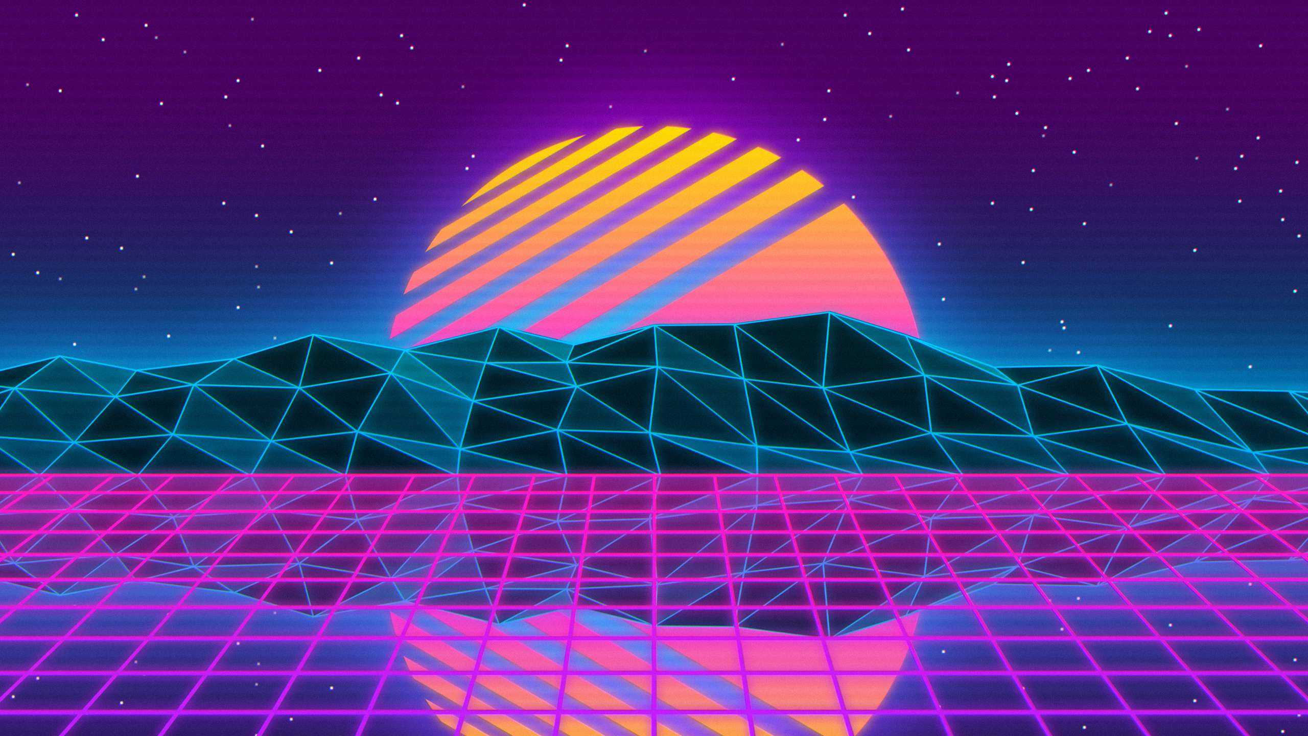 A retro 80s style sunset with mountains and clouds - Vaporwave, synthwave, 2560x1440