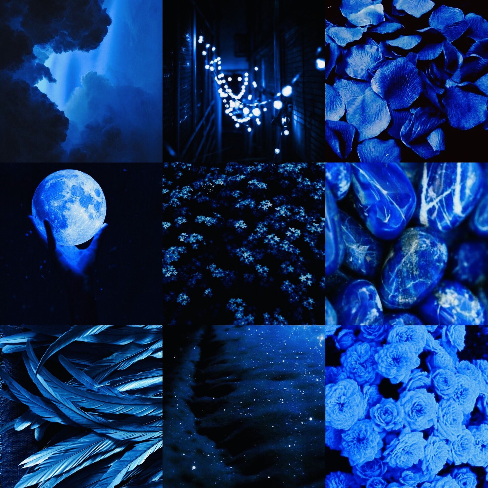 Aesthetic background of blue flowers, the moon, and other celestial elements. - Indigo