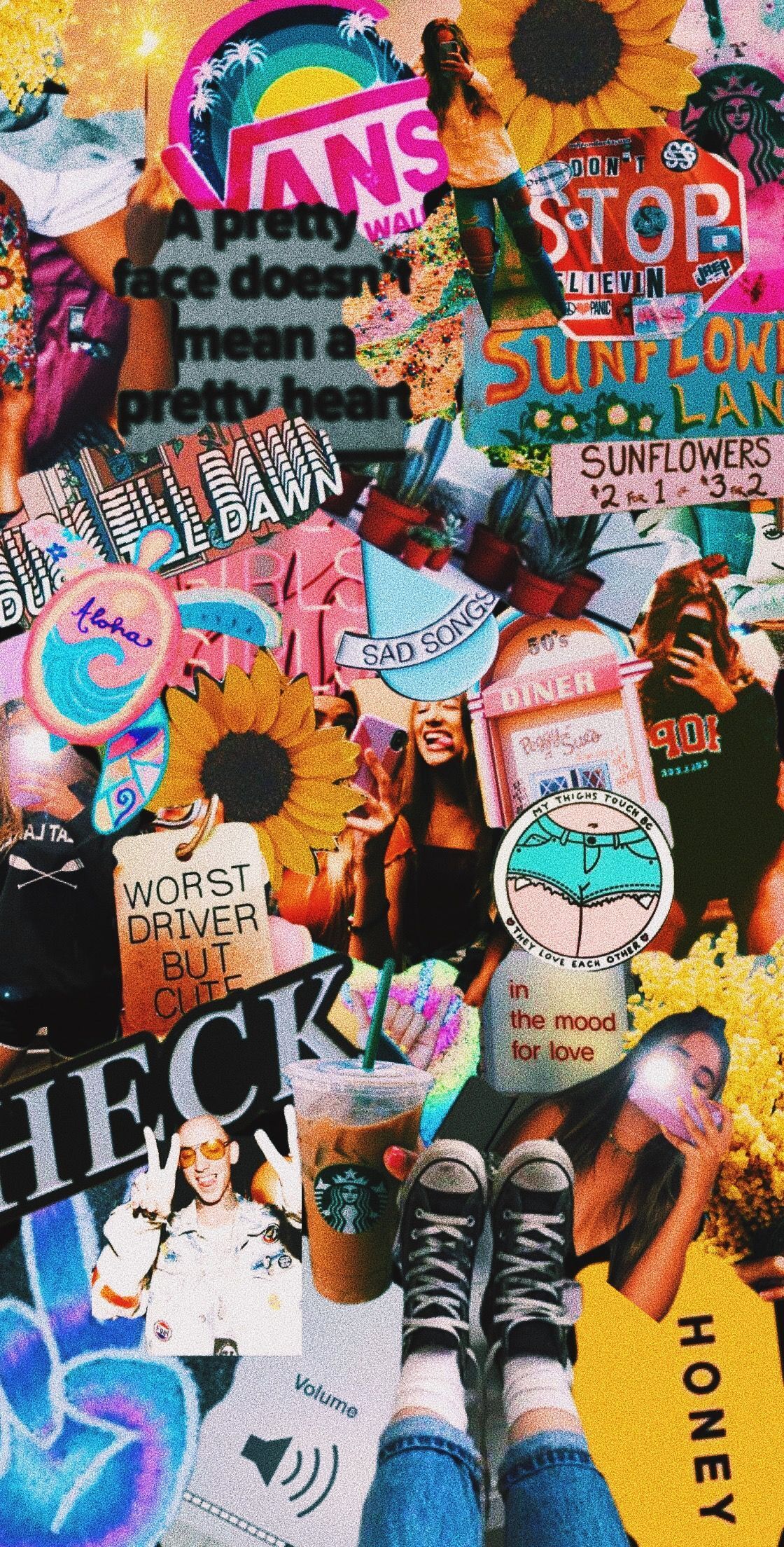 Aesthetic background with a collage of images including Vans, Starbucks, and a rainbow - VSCO, skater