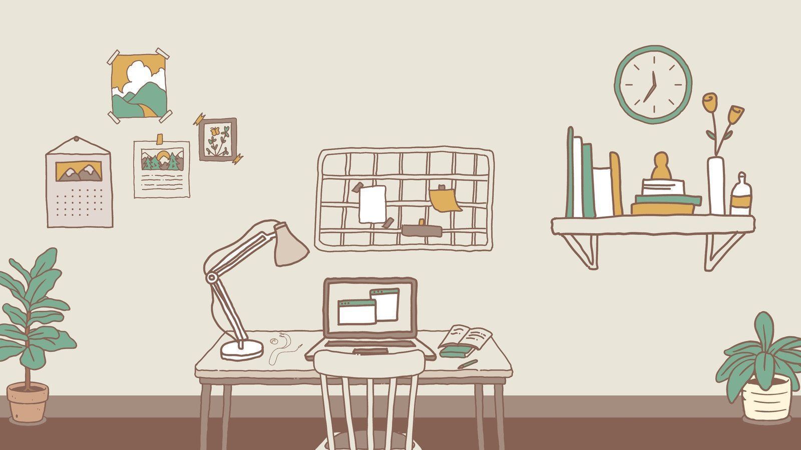 Illustration of a desk with a laptop, lamp, books, and plants. - Desktop, laptop, computer, study, school, illustration