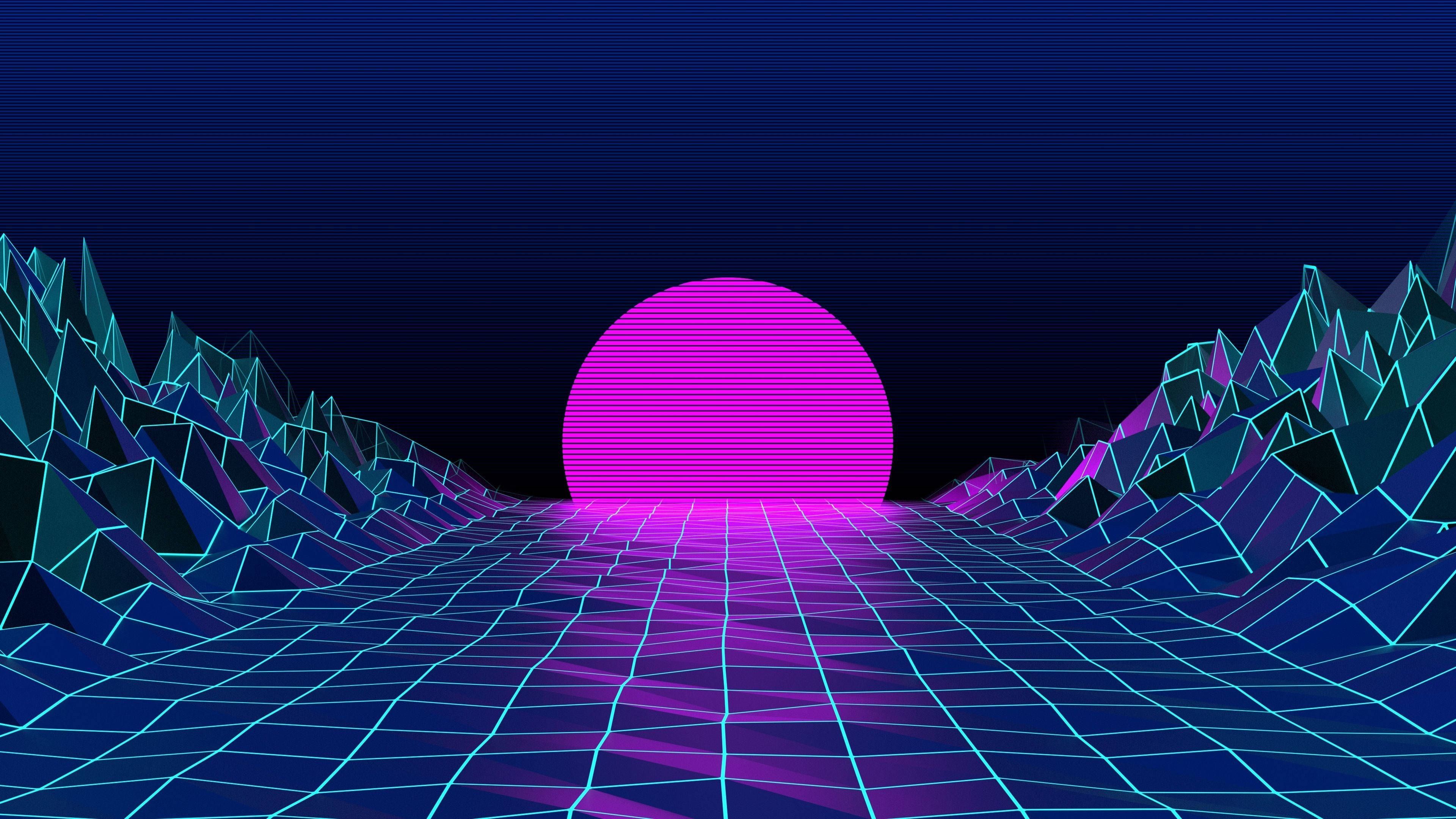 A digital landscape with a pink glowing sphere in the center and a grid pattern - Vaporwave