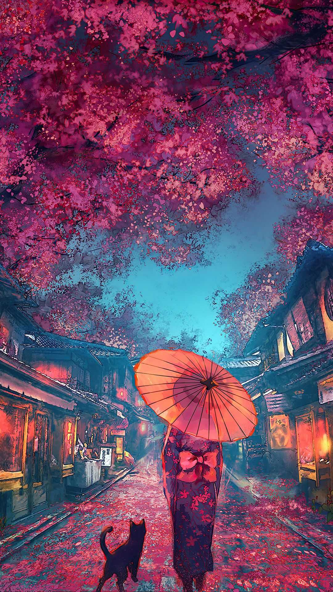 IPhone wallpaper anime girl under the cherry blossom with cat - Tokyo, Japan, Japanese