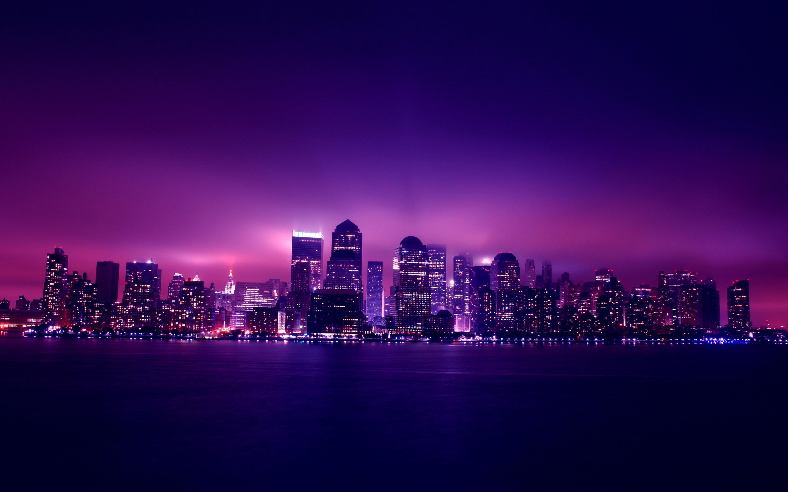 A city skyline at night with purple lighting - Desktop, computer, night, 2560x1600, magic